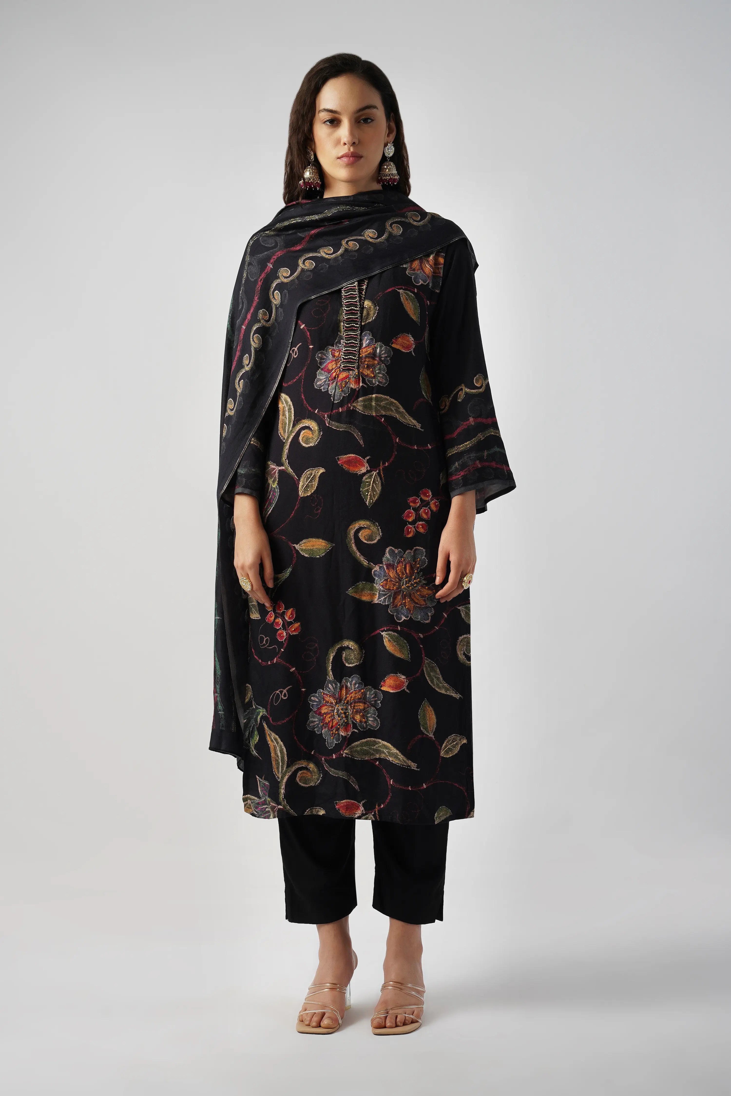 Jet Black Pure Pashmina Wool Designer Kurta Set with Embroidery