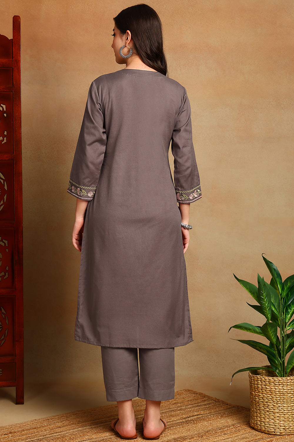 Brown Embroidered Flax Linen Kurta