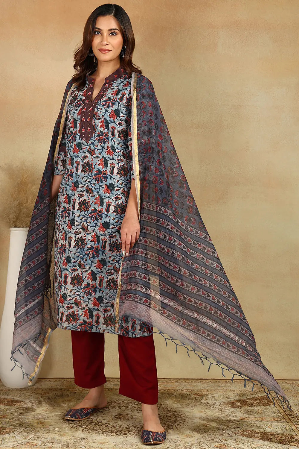 Navy Blue/Maroon Kota Doria Dupatta