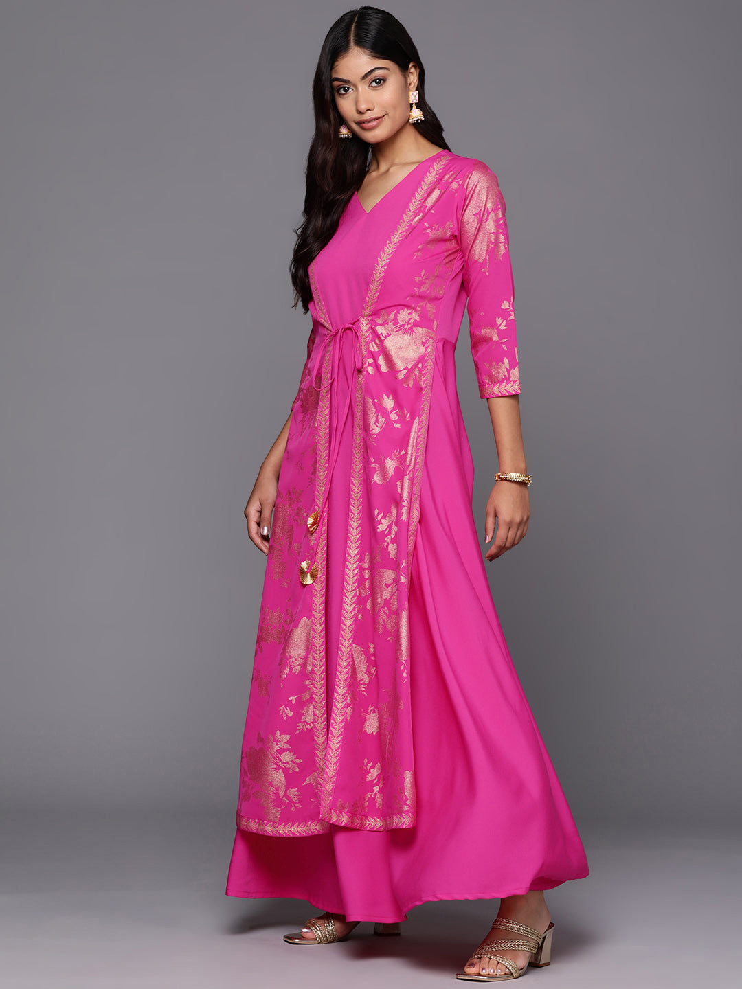 Pink & Gold Floral Print Layered A-Line Maxi Dress