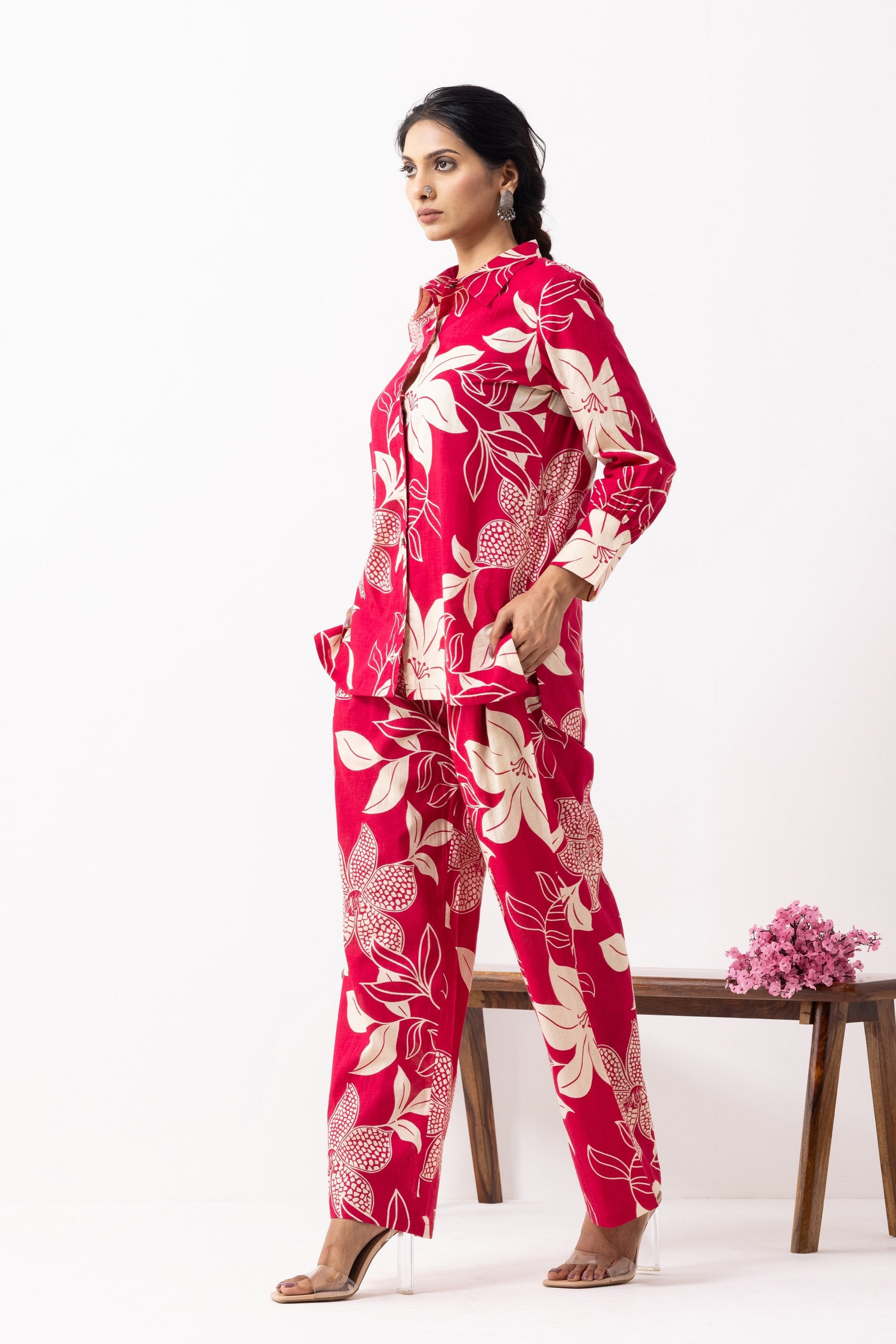 Crimson Red Block Printed Caroline Co-ord Set (Set of 2)- IC