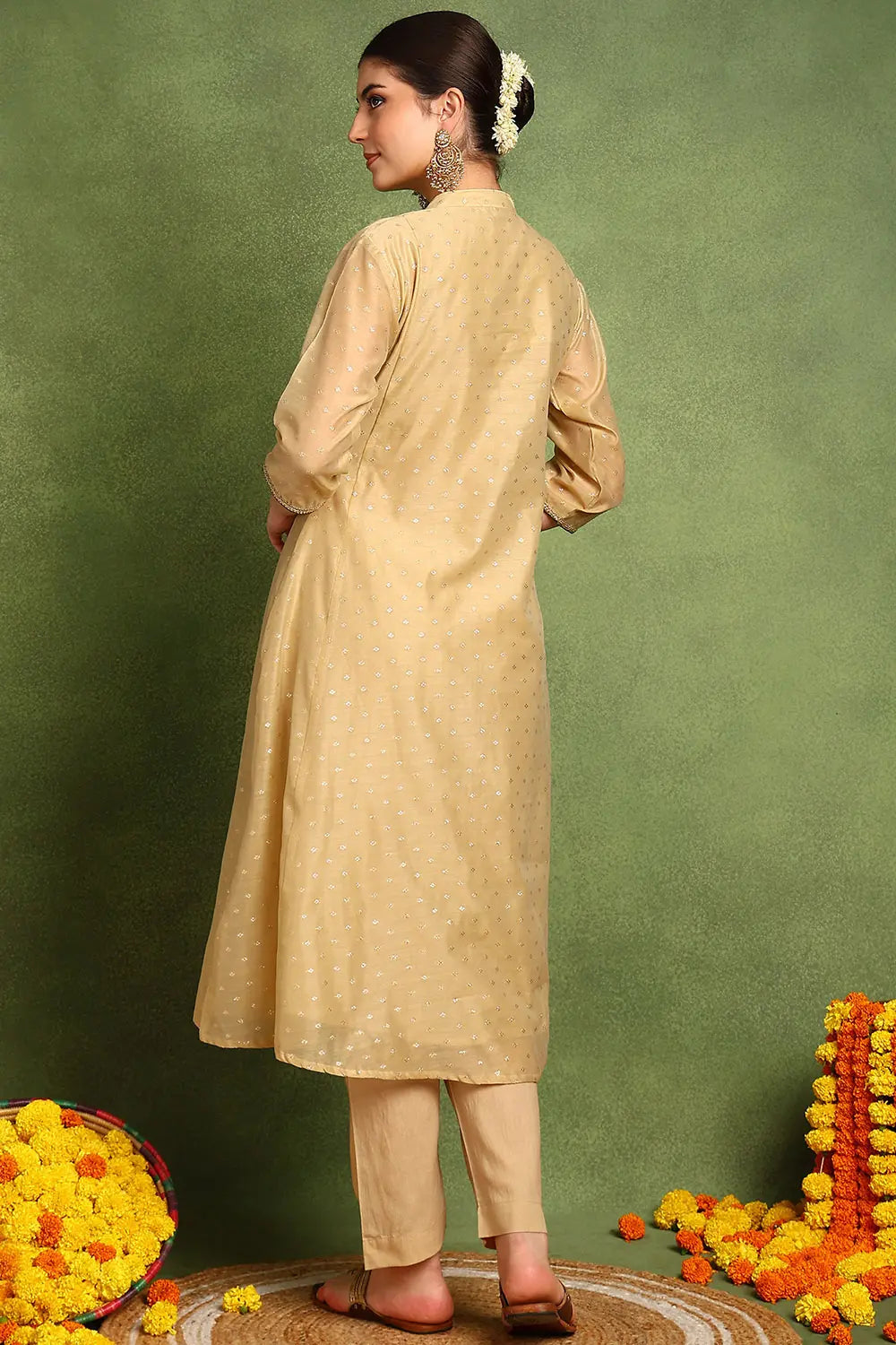 Beige Khari Printed Chanderi Silk Angrakha Kurta