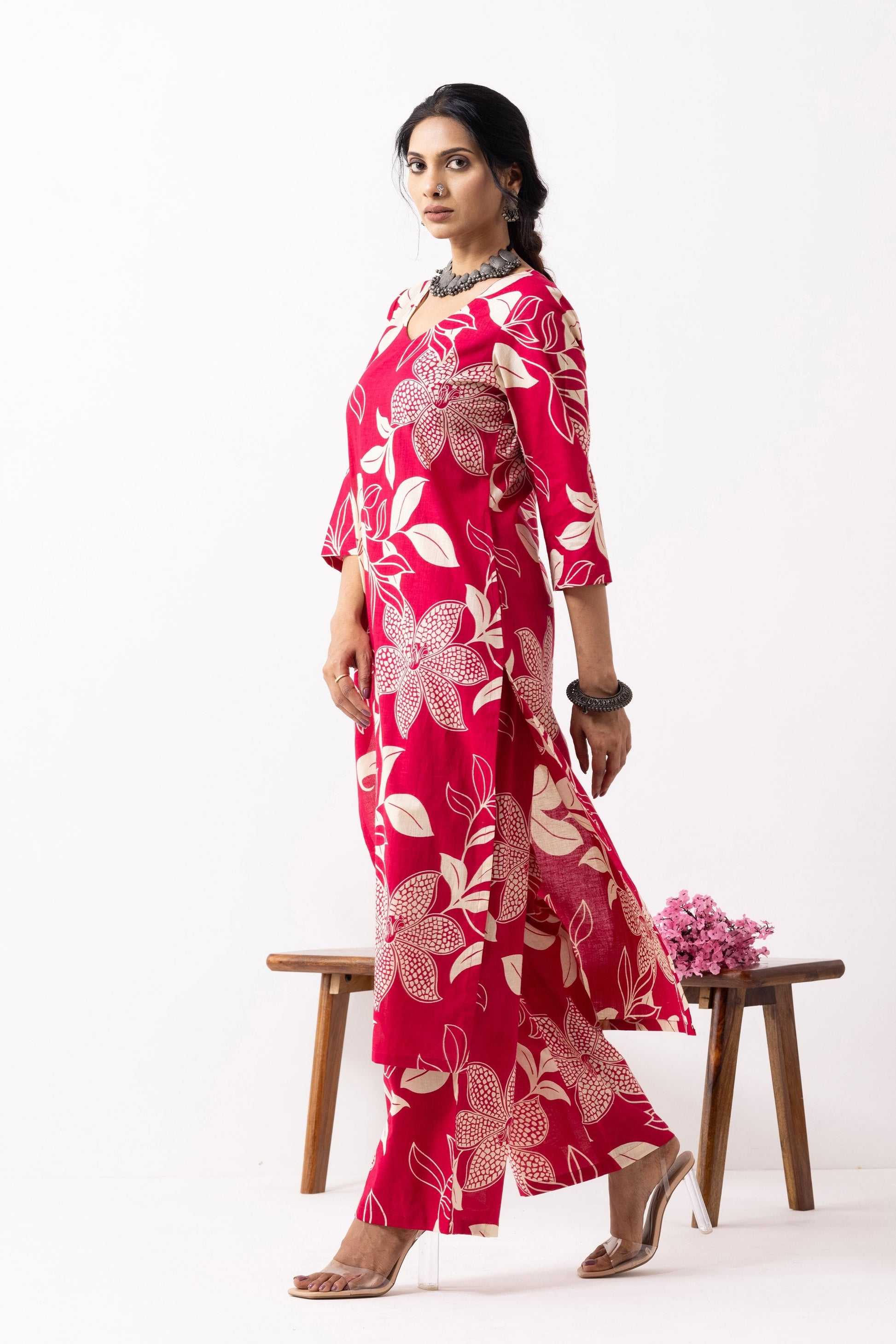 Crimson Red Block Printed Mira Kurta Set (Set of 2)- IC