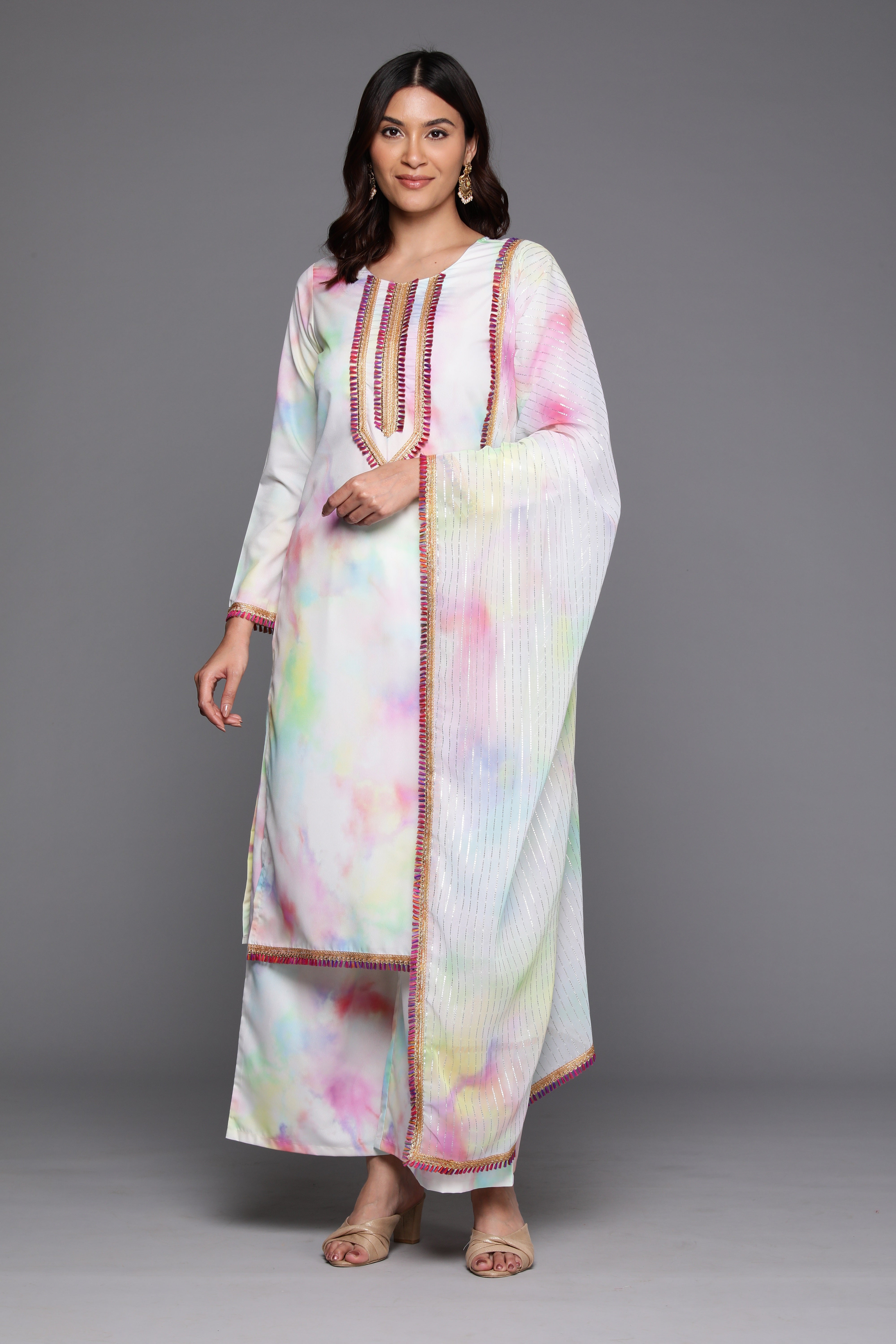 Tie and Dye Printed Gotta Patti Straight Kurta With Palazzos & Dupatta