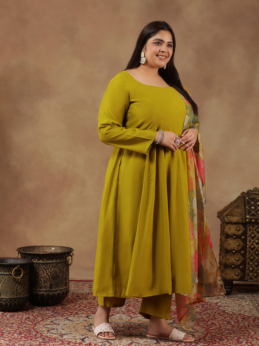 Round Neck Empire Anarkali Kurta With Trousers & Dupatta - ID