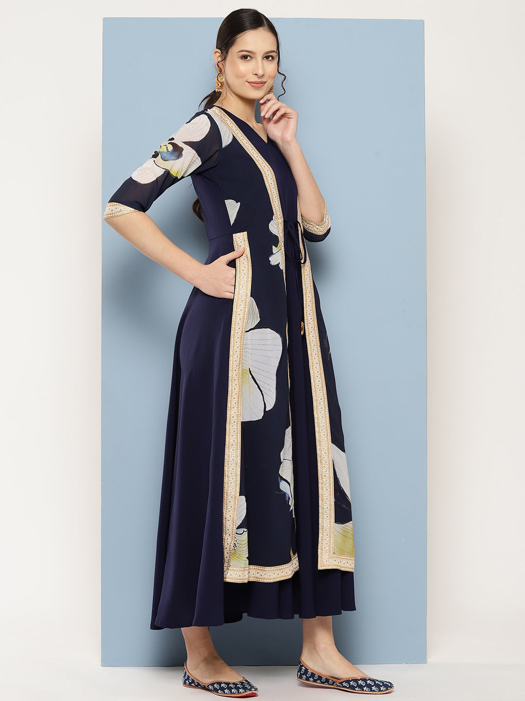 Navy Blue Floral Printed Layered Maxi Ethnic Dress