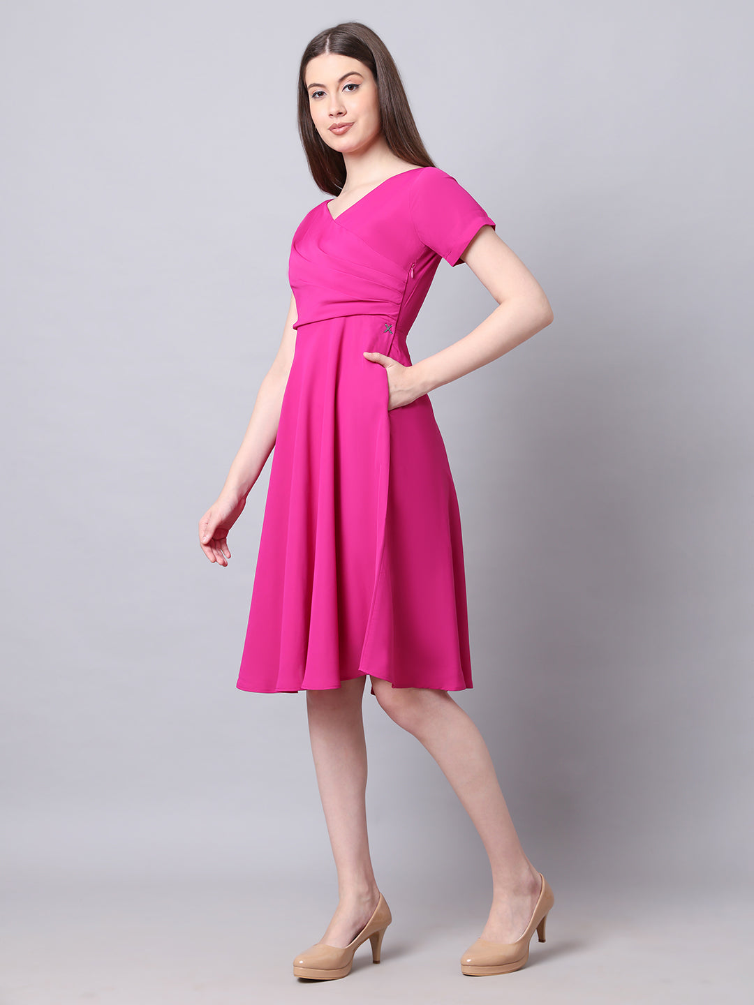 Exude Intrepid V-Neck Front Pleat Dress with Pockets