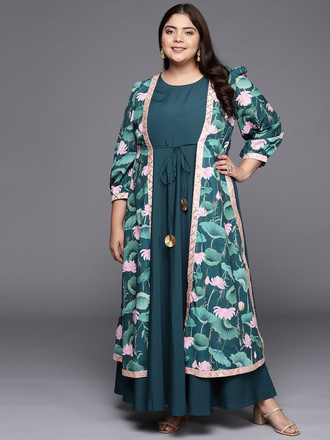 Green Floral Printed Plus Size Maxi Ethnic Dress-AH