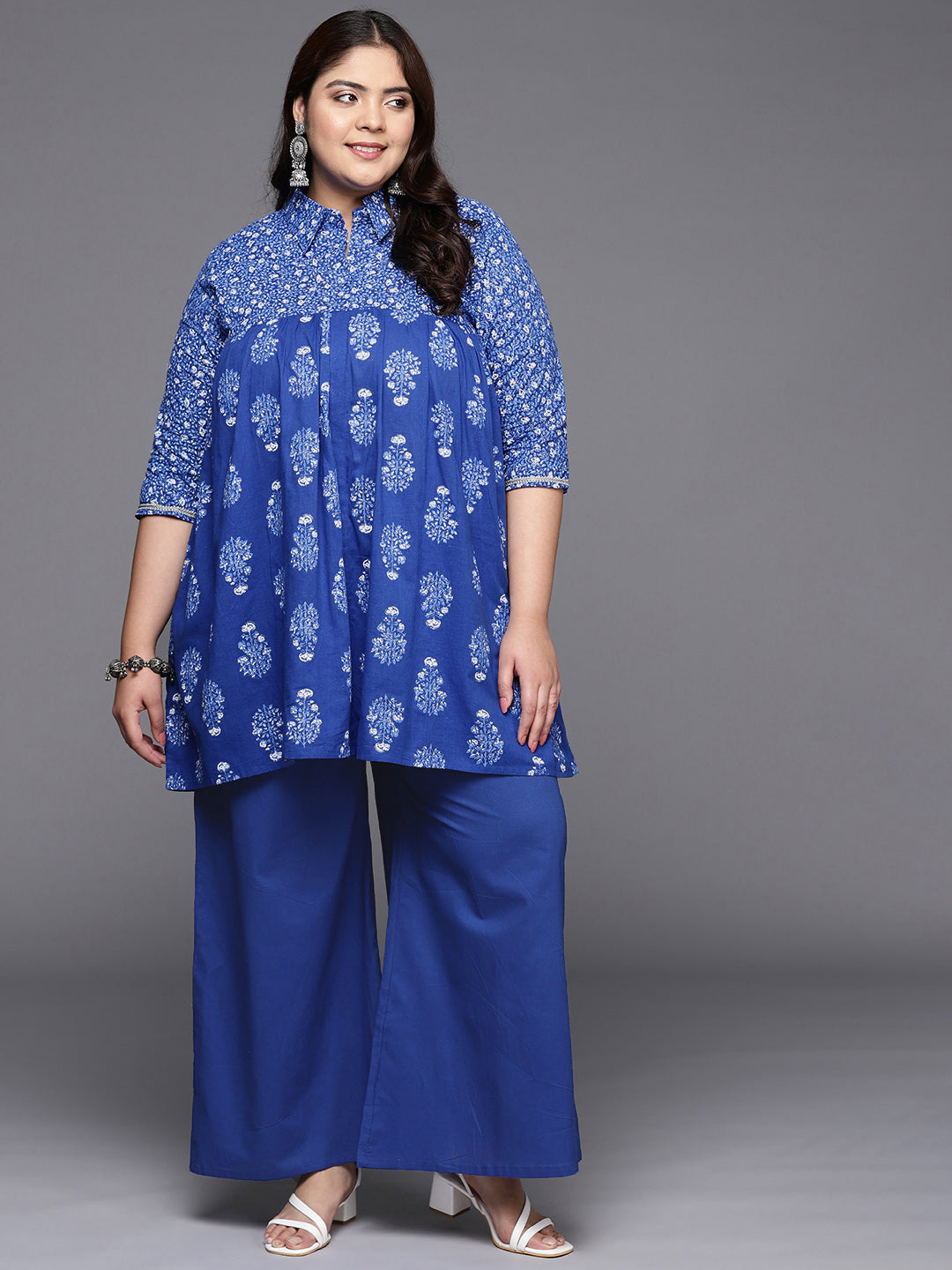 Blue Printed Plus Size Pure Cotton Tunic with Palazzos-AH