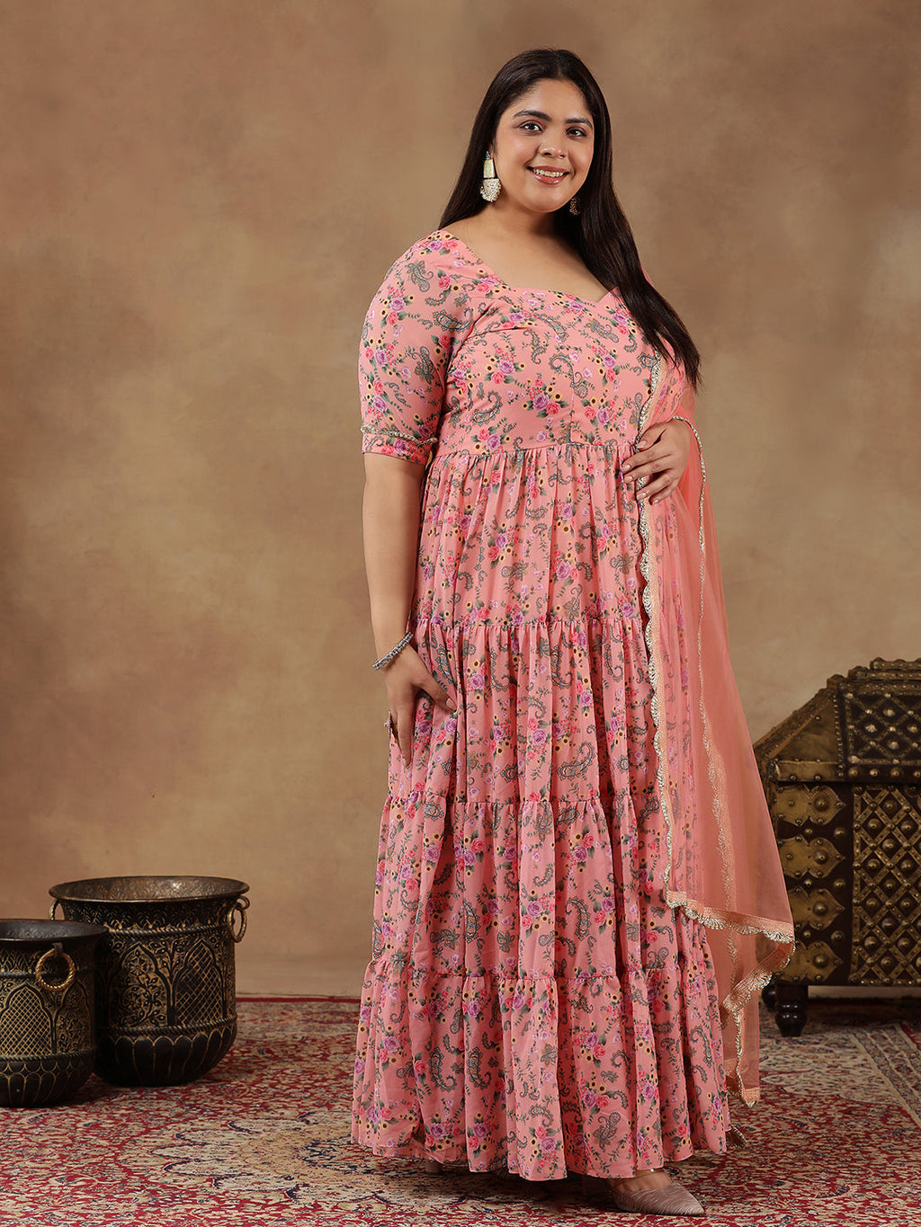 Plus Size Floral Printed Tiered Flared Kurta With Dupatta - ID
