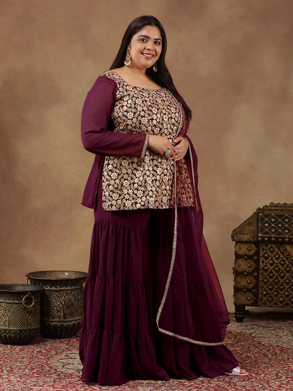 Floral Embroidered Regular Sequinned Straight Kurti with Sharara & Dupatta - ID