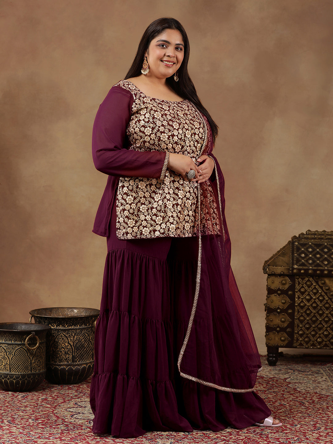 Floral Embroidered Regular Sequinned Straight Kurti with Sharara & Dupatta - ID
