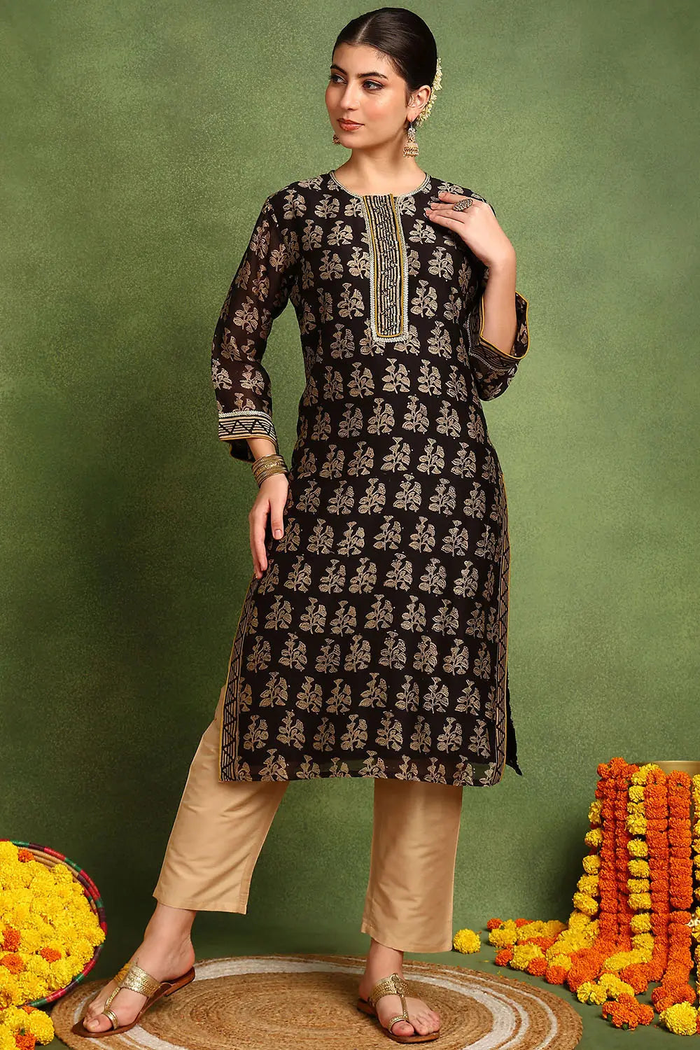 Black Chanderi Silk Kurta