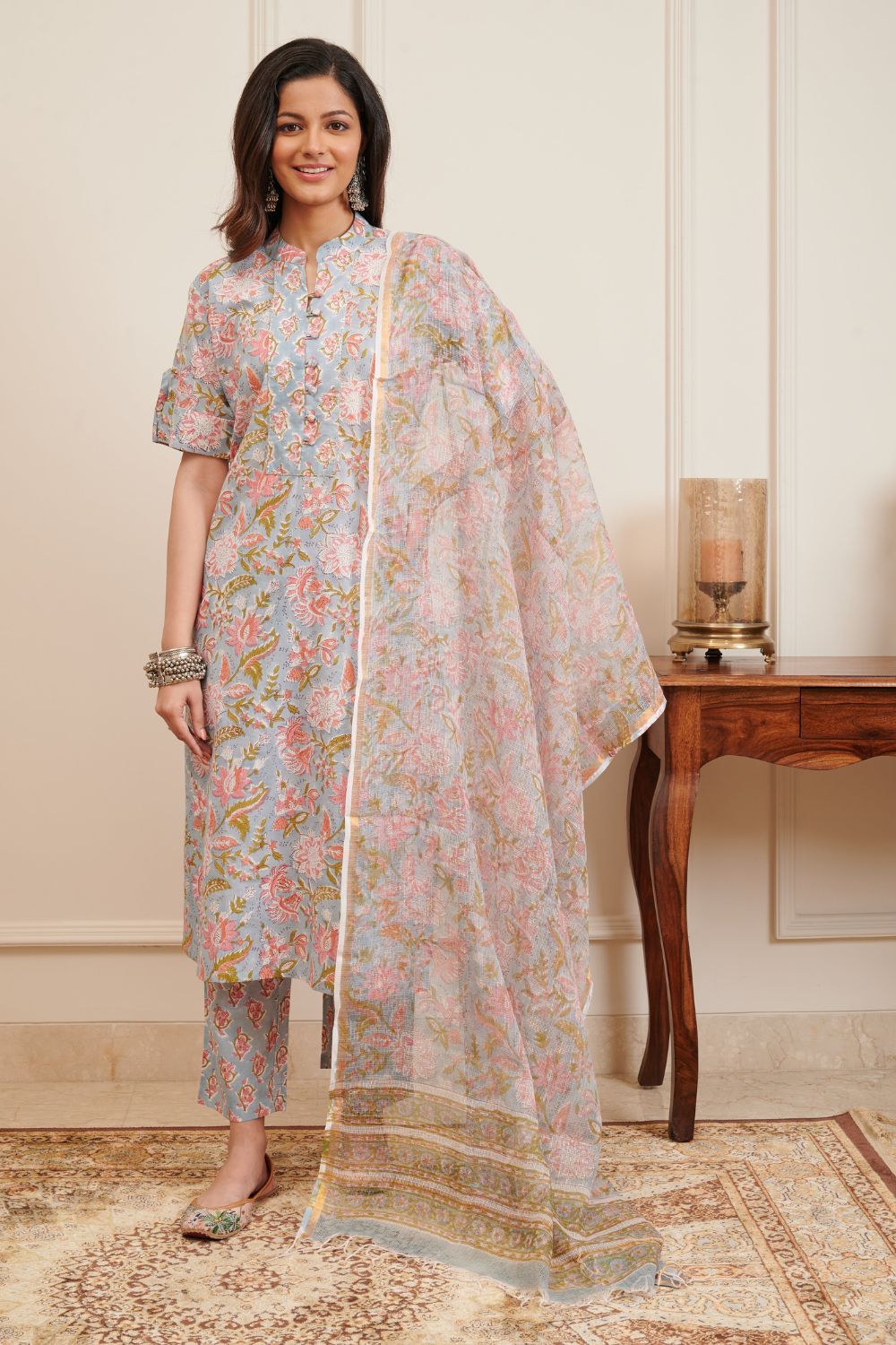 Grey / Pink Hand Block Printed Half Sleeves Kurta