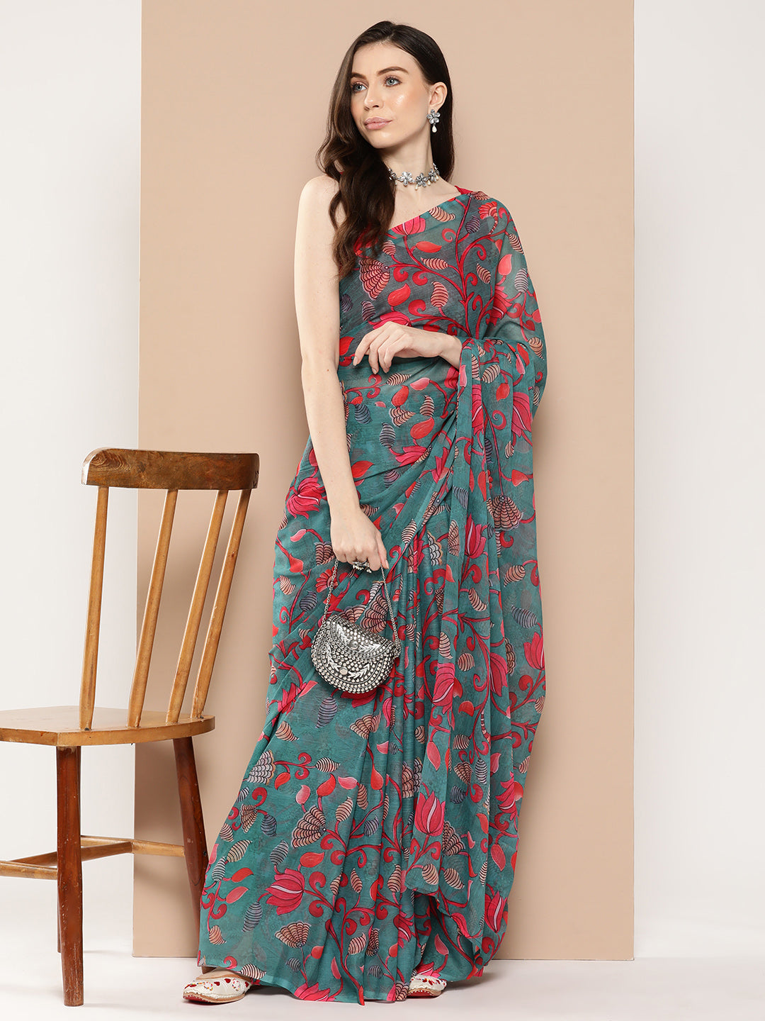 Green & Red Floral Print Poly Chiffon Saree