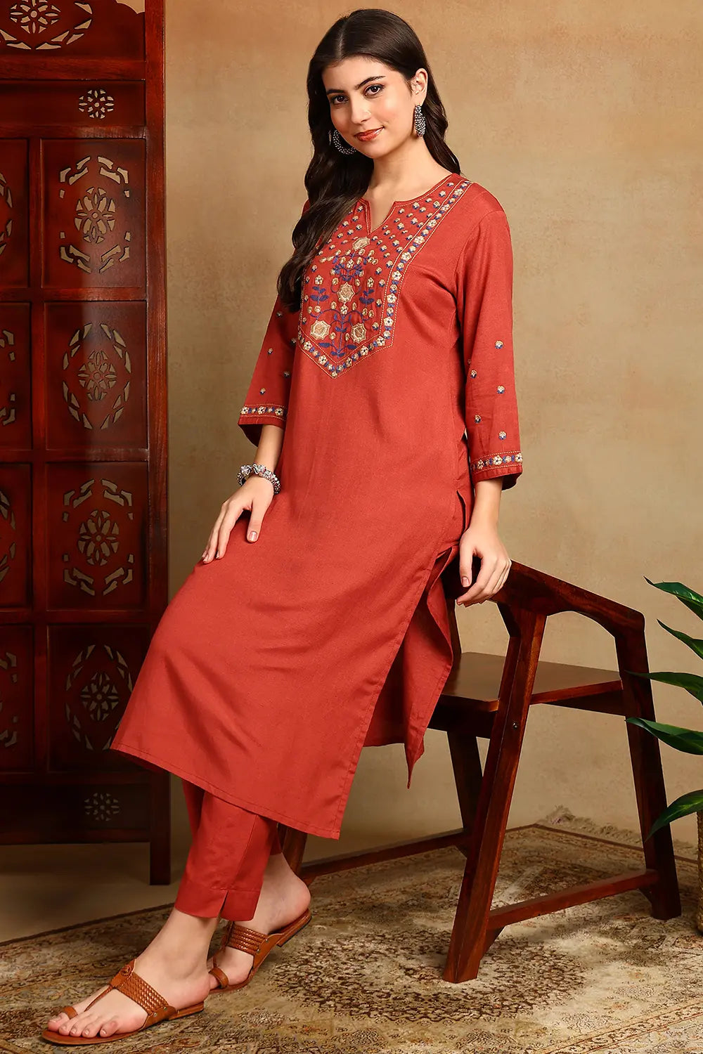 Rust Embroidered Flax Linen Kurta