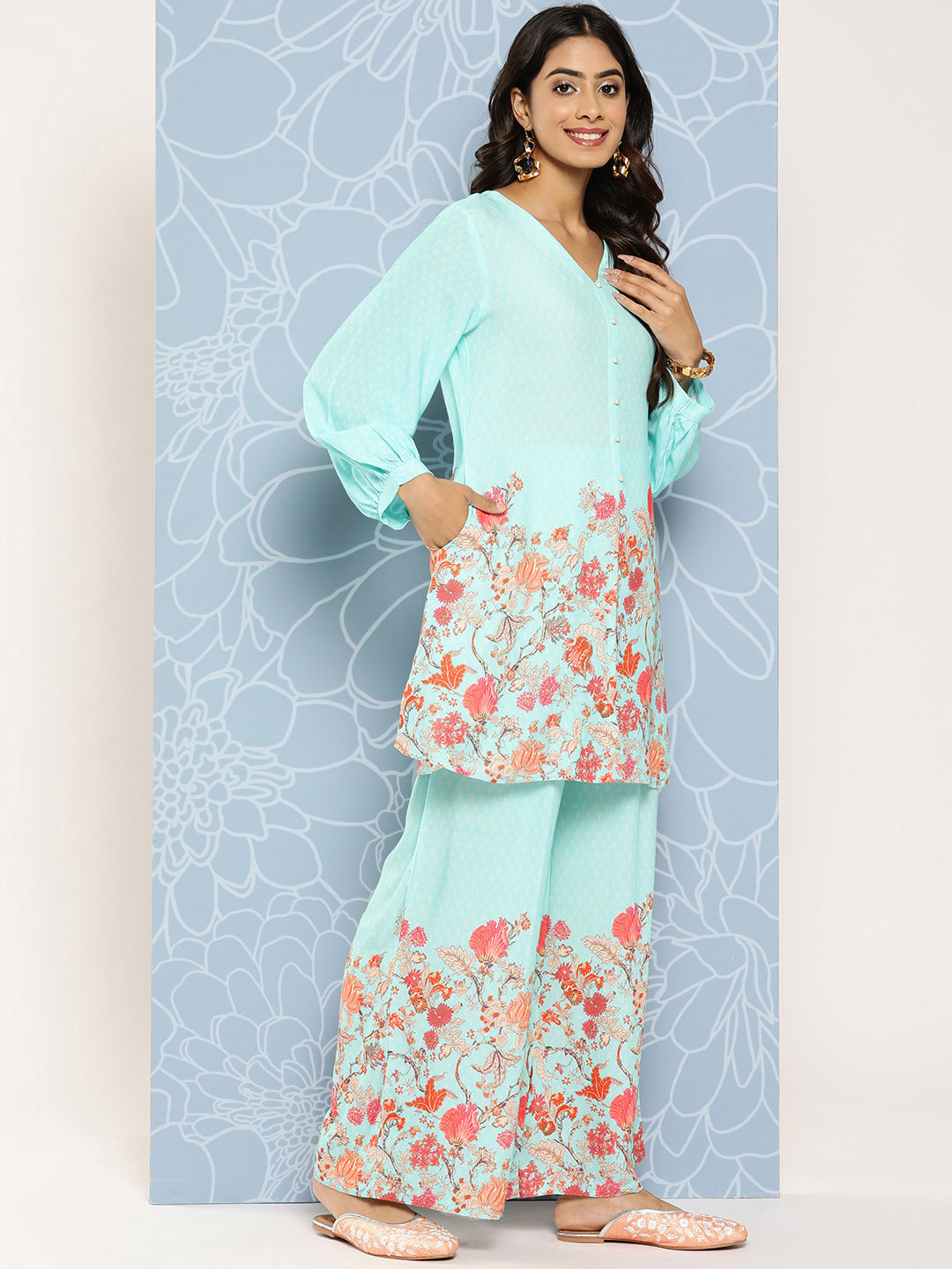 Blue Floral Printed Ethnic Co-Ords