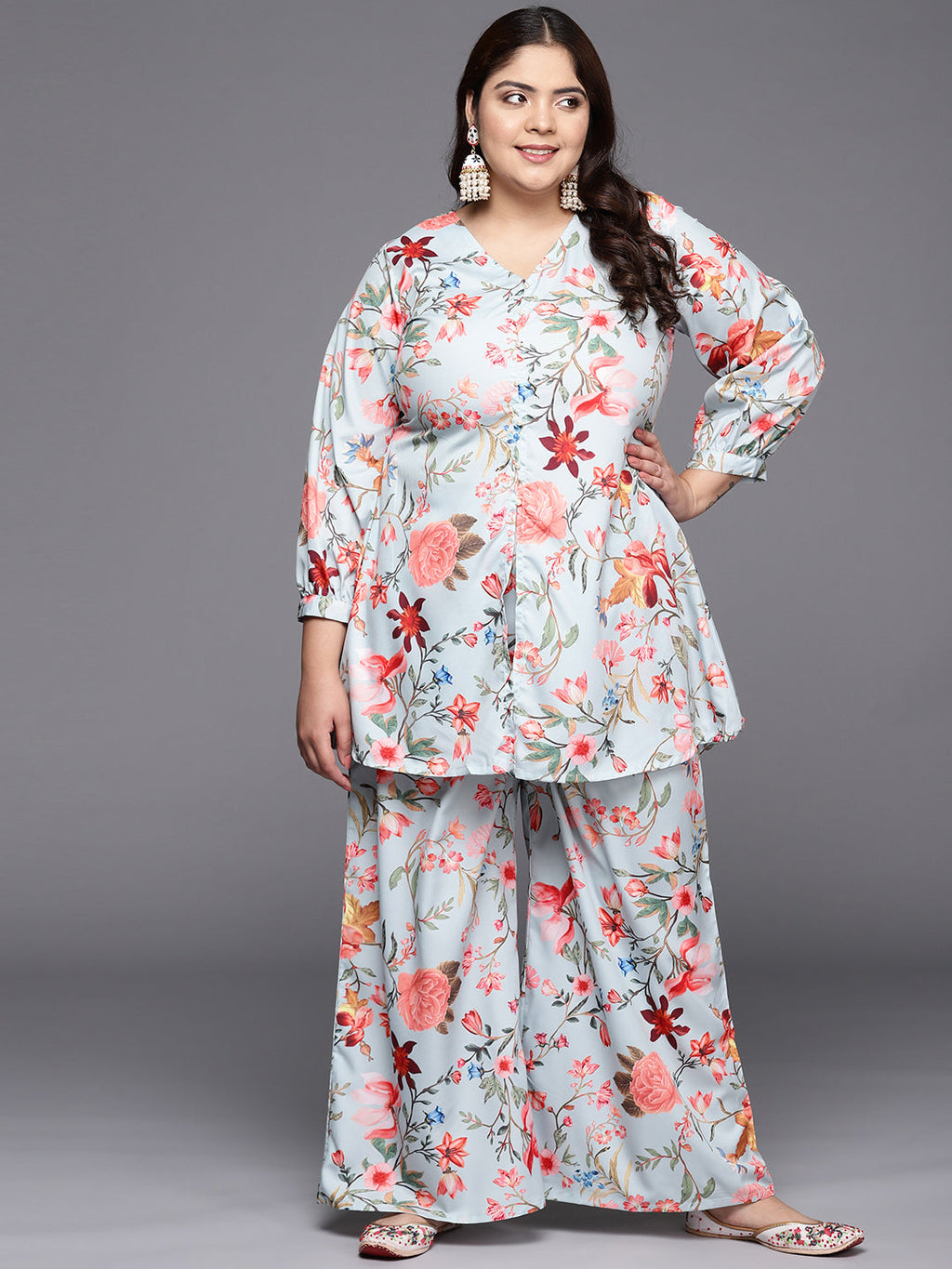 Grey & Pink Floral Printed Plus Size Tunic with Palazzos-AH