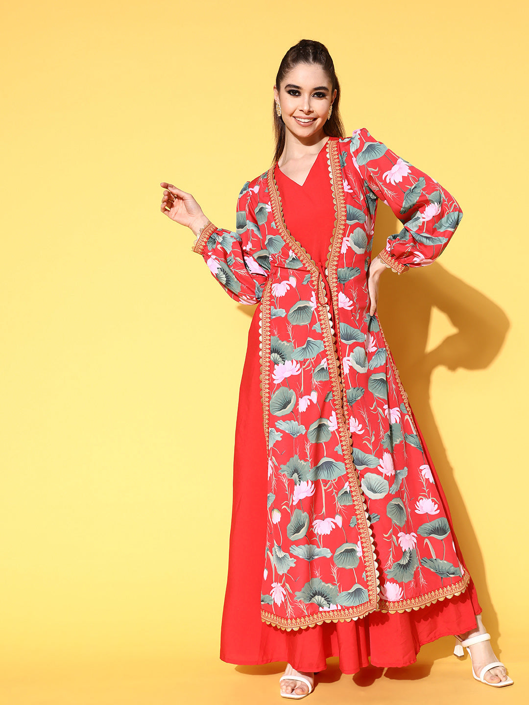 Red Floral Printed Tie-Ups Maxi Ethnic Dress