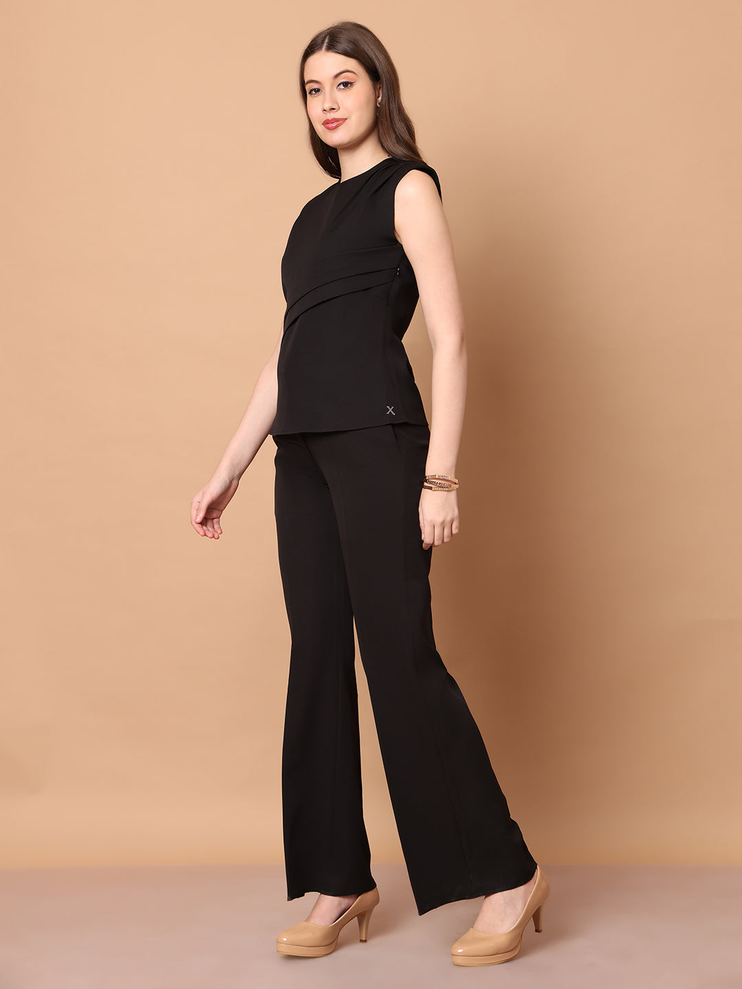 Exude Power in Motion Side and Shoulder Pleat Top Paired with Bootcut Trousers