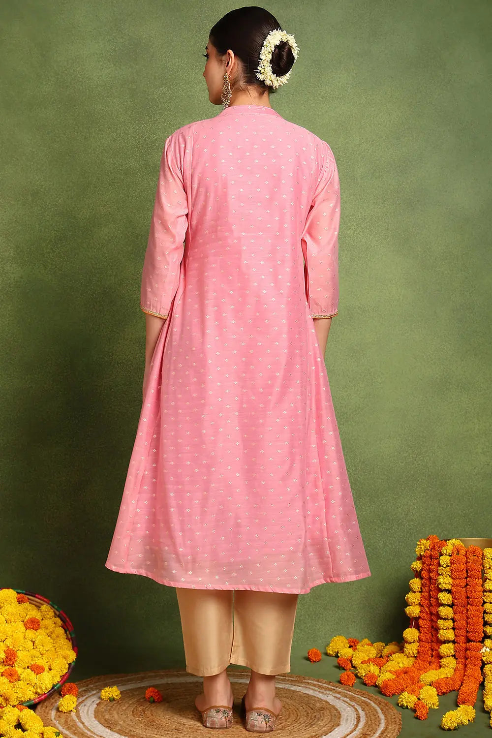 Pink Khari Printed Chanderi Silk Angrakha Kurta