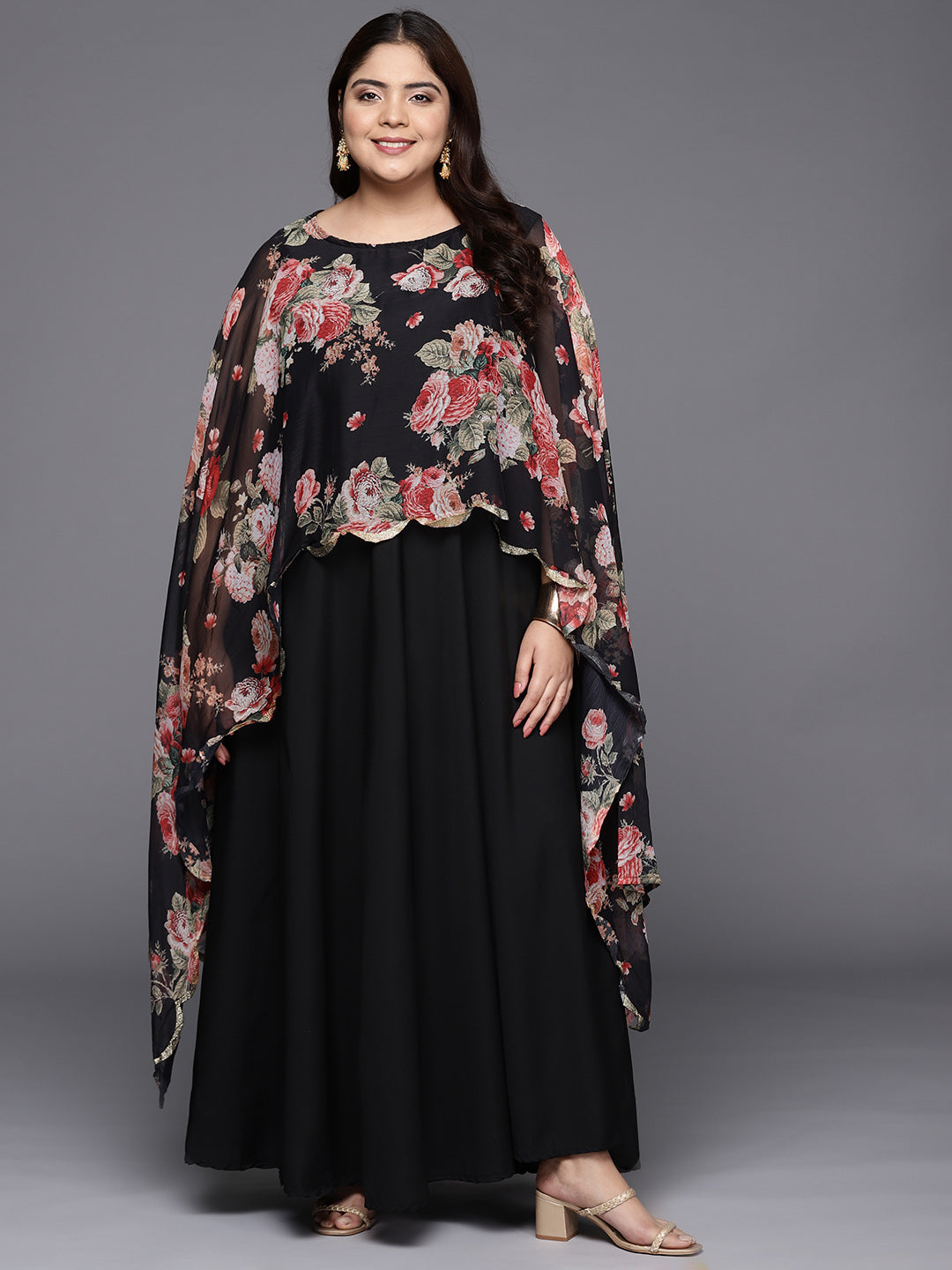 Black & Pink Plus Size Maxi Ethnic Dress with Cape