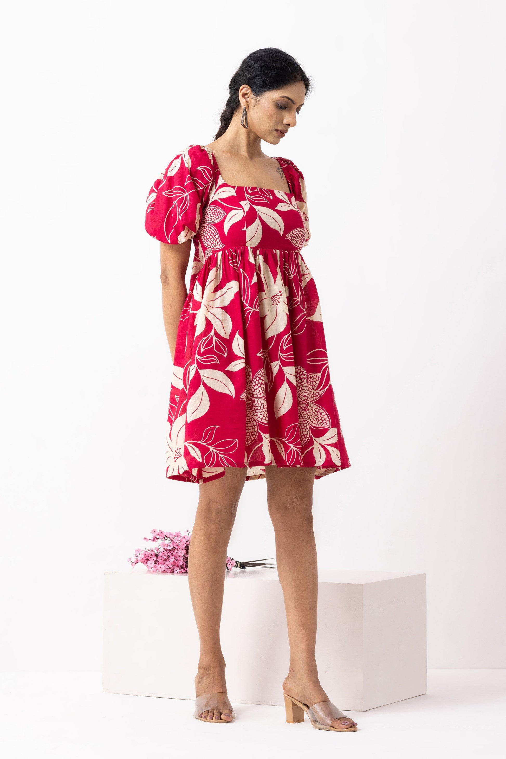 Crimson Red Block Printed Moana Dress- IC