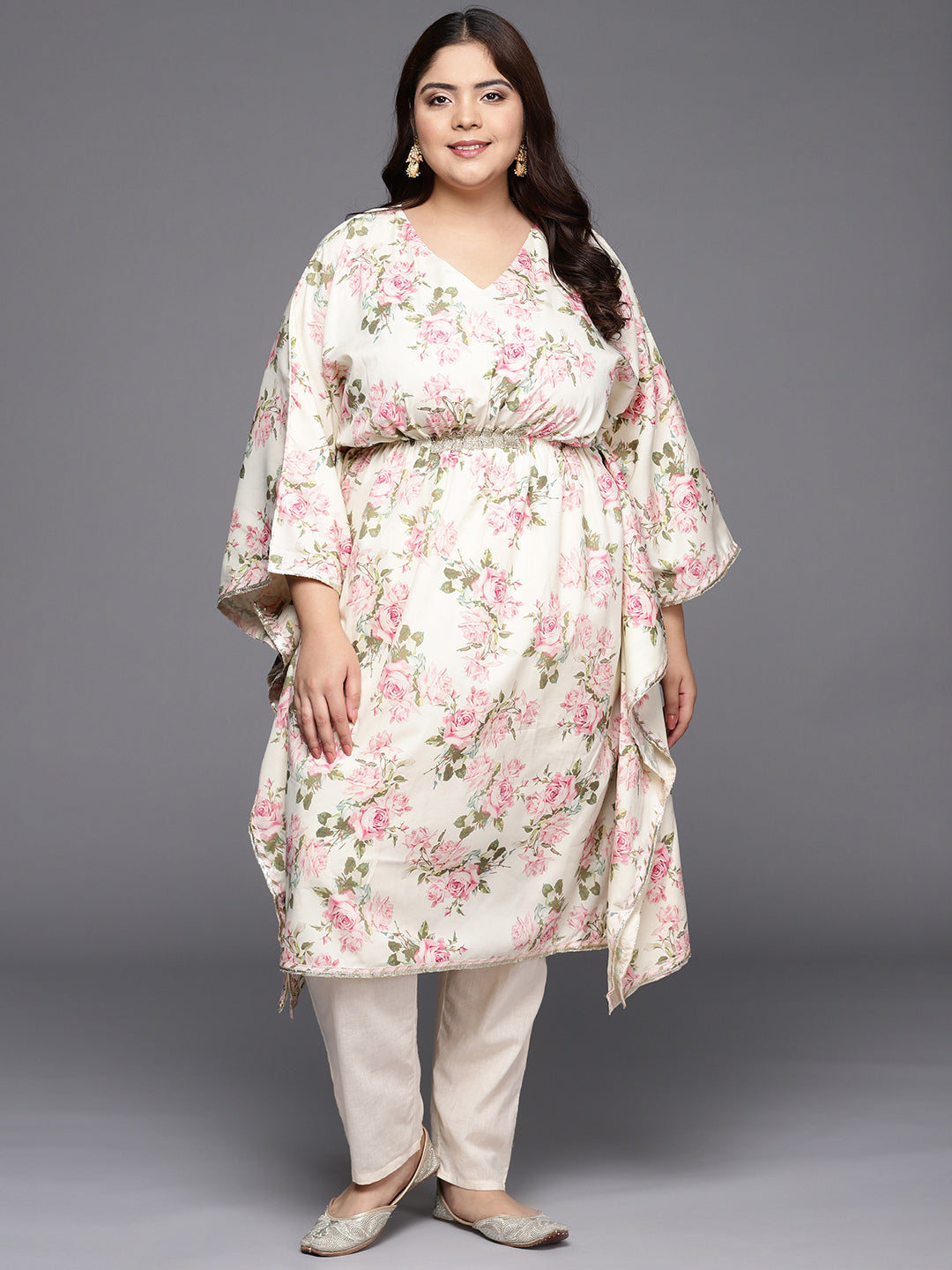 Off White Plus Size Floral Printed Kaftan Kurta