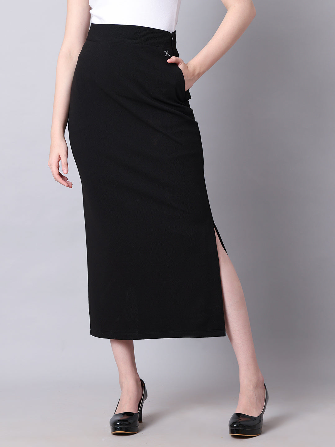 Exude Statement Piece Long Black Skirt with Side Slit