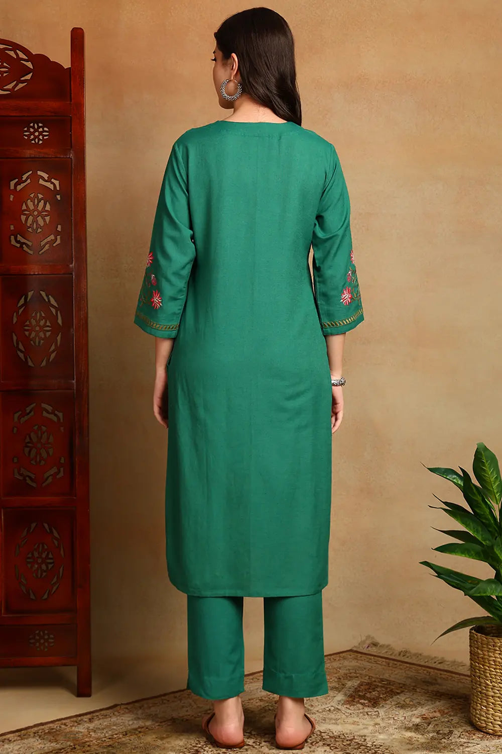 Green Embroidered Flax Linen Kurta