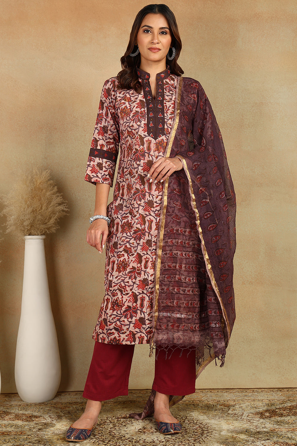 Maroon/Brown Kota Doria Dupatta