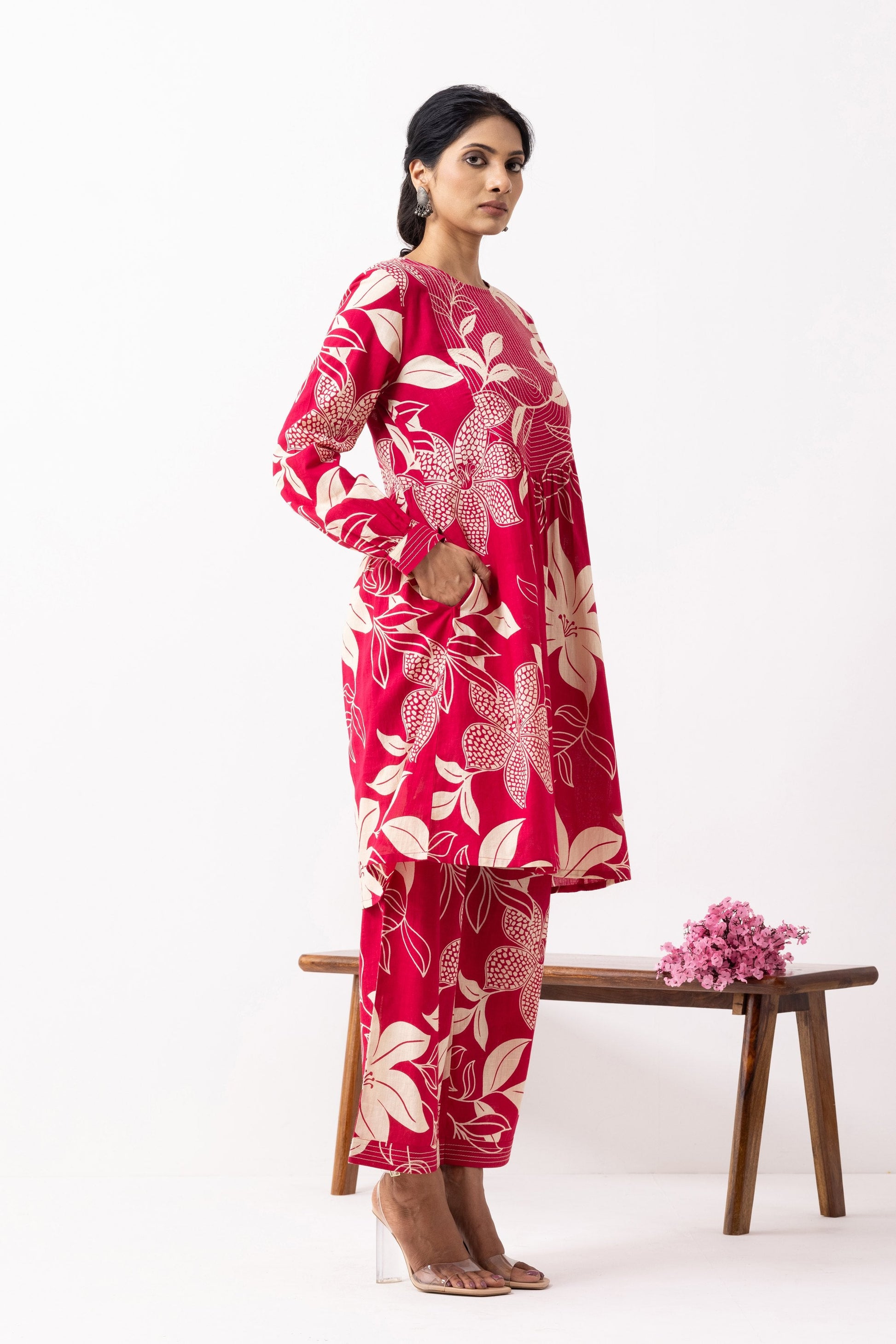 Crimson Red Block Printed Aadhira Kurta Set (Set of 2)- IC