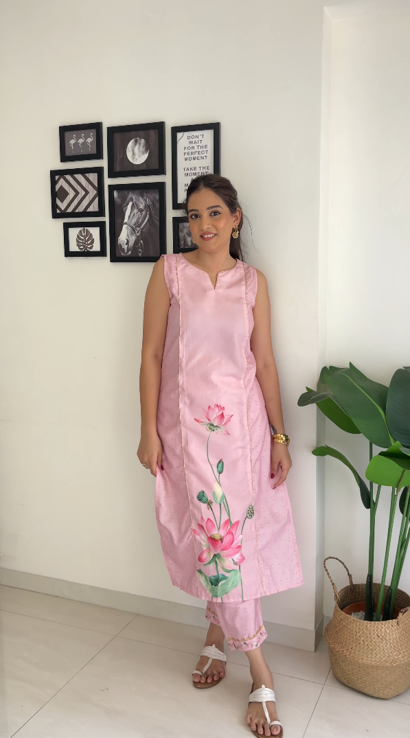 Pink Floral Printed Panelled Gotta Patti Pure Cotton Kurta with Trousers-AH