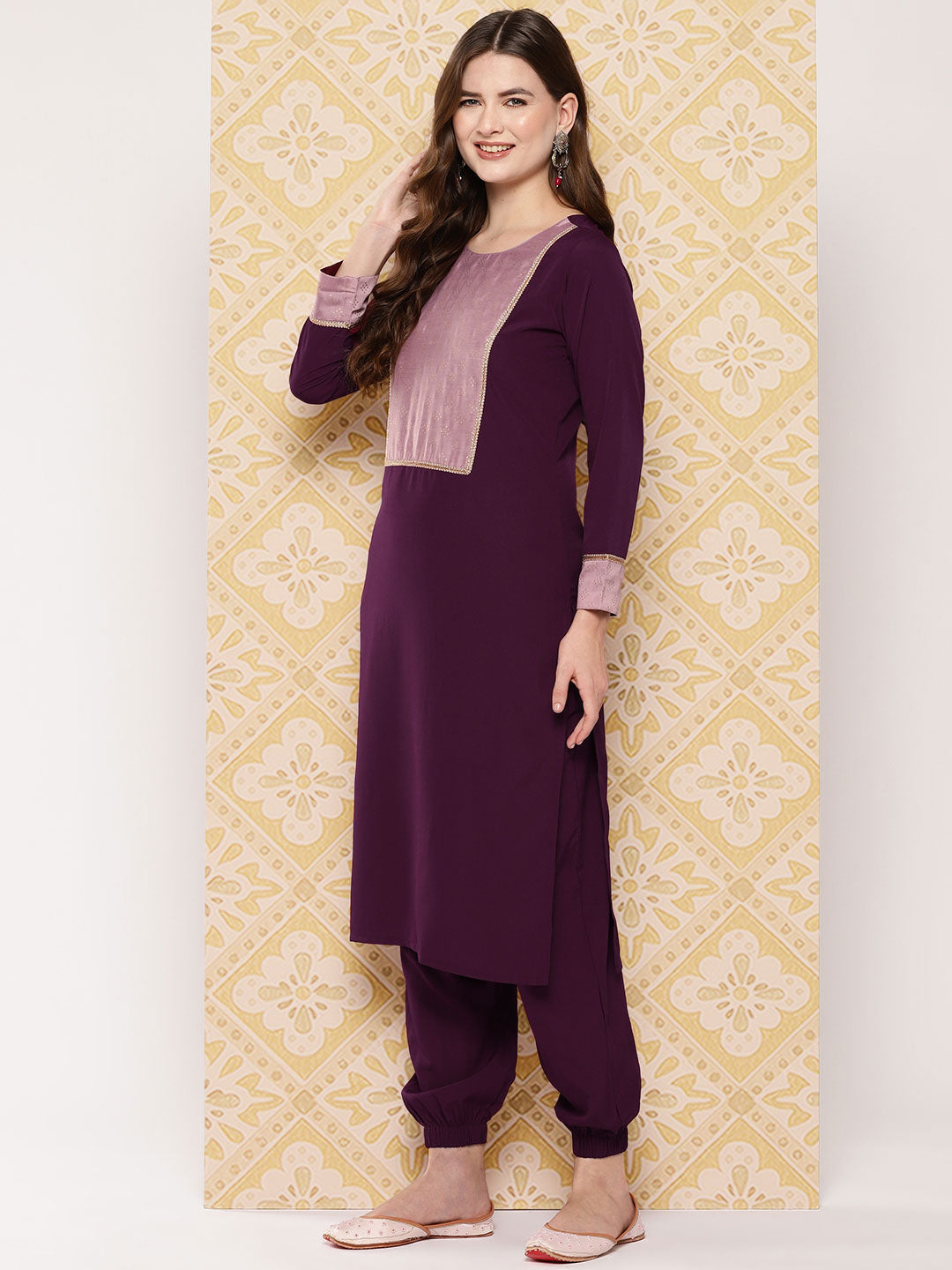 Burgundy Yoke Design Kurta with Trousers & With Dupatta