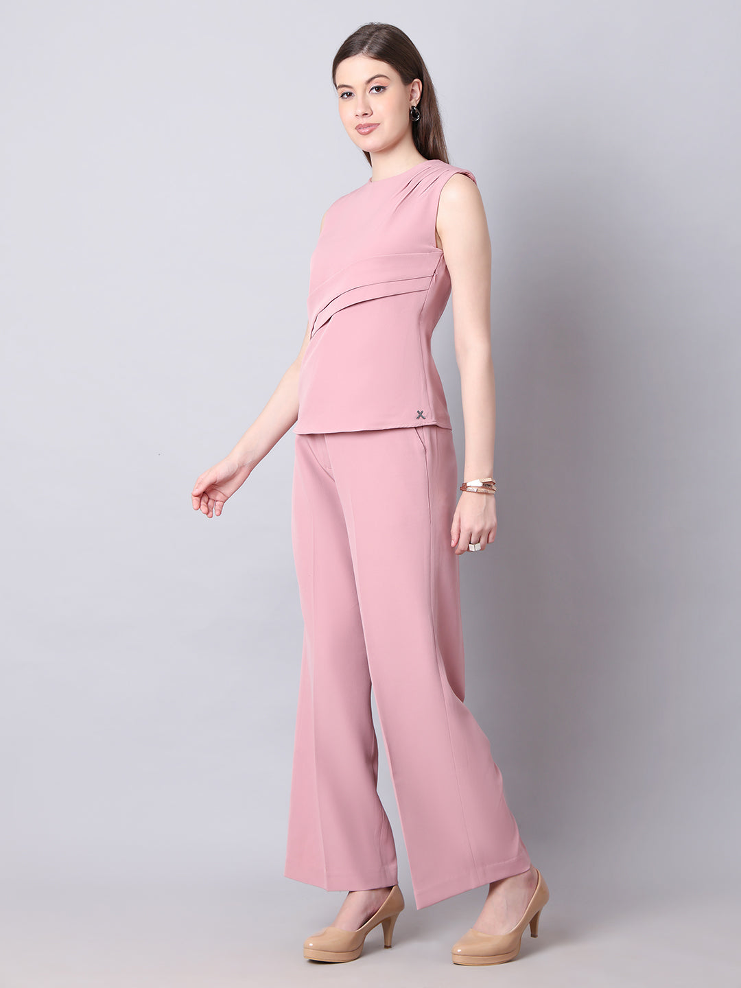 Exude Warrior Queen Side and Shoulder Pleat Top Paired with Wide Leg Trousers