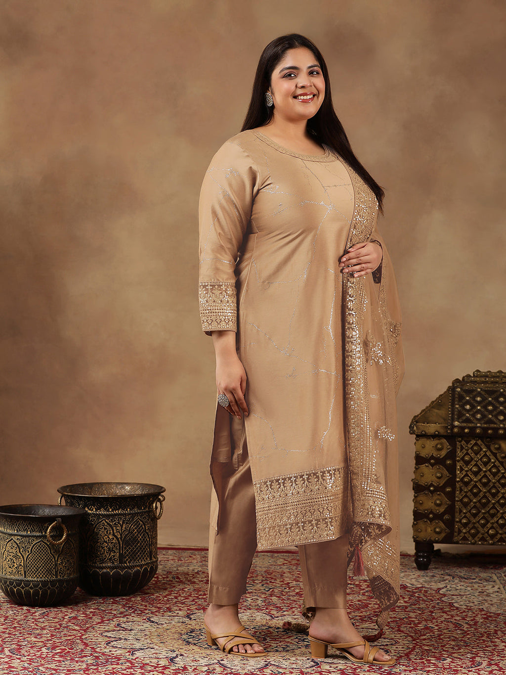 Plus Size Abstract Printed & Embroidered Kurta With Trousers & Dupatta - ID