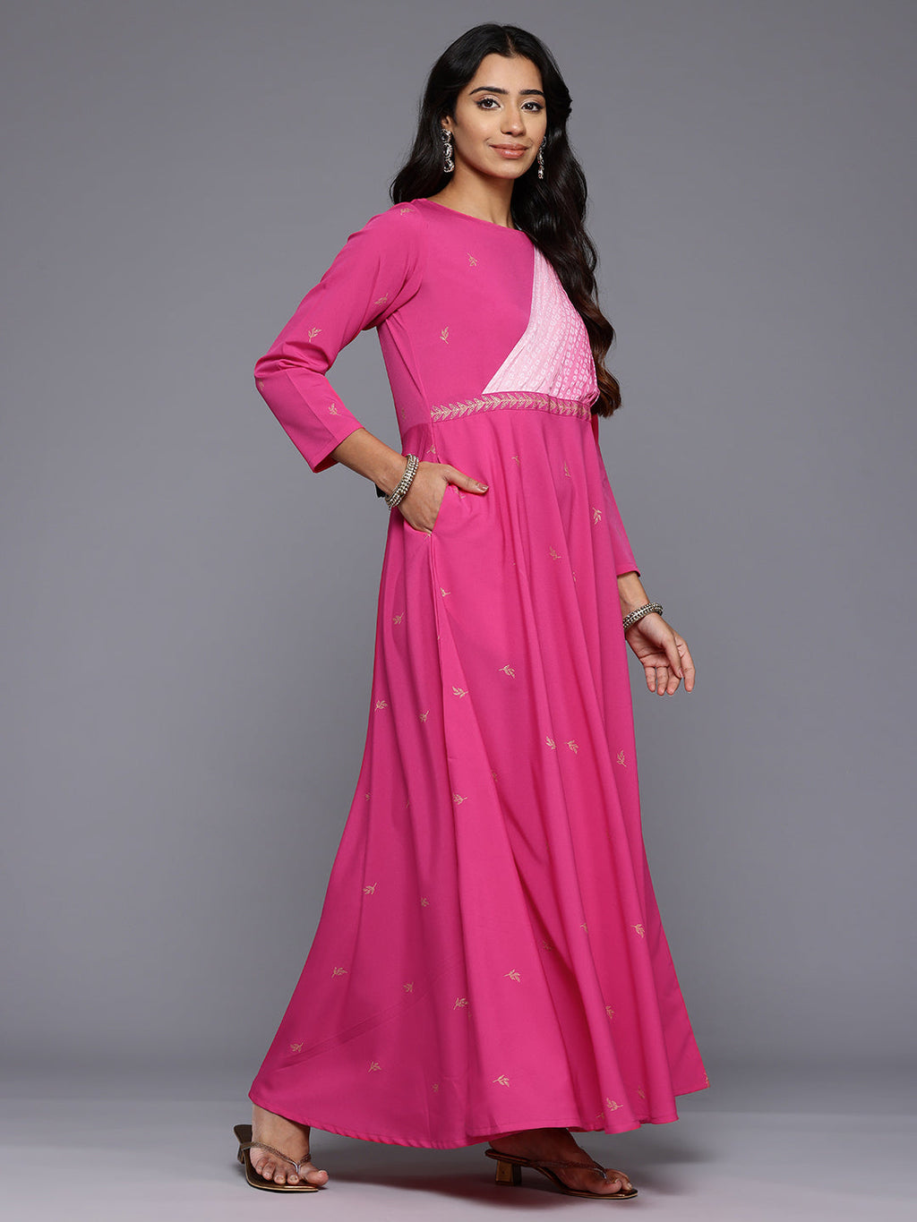 Ethnic Motifs Printed Boat Neck Layered Maxi Gown-AH