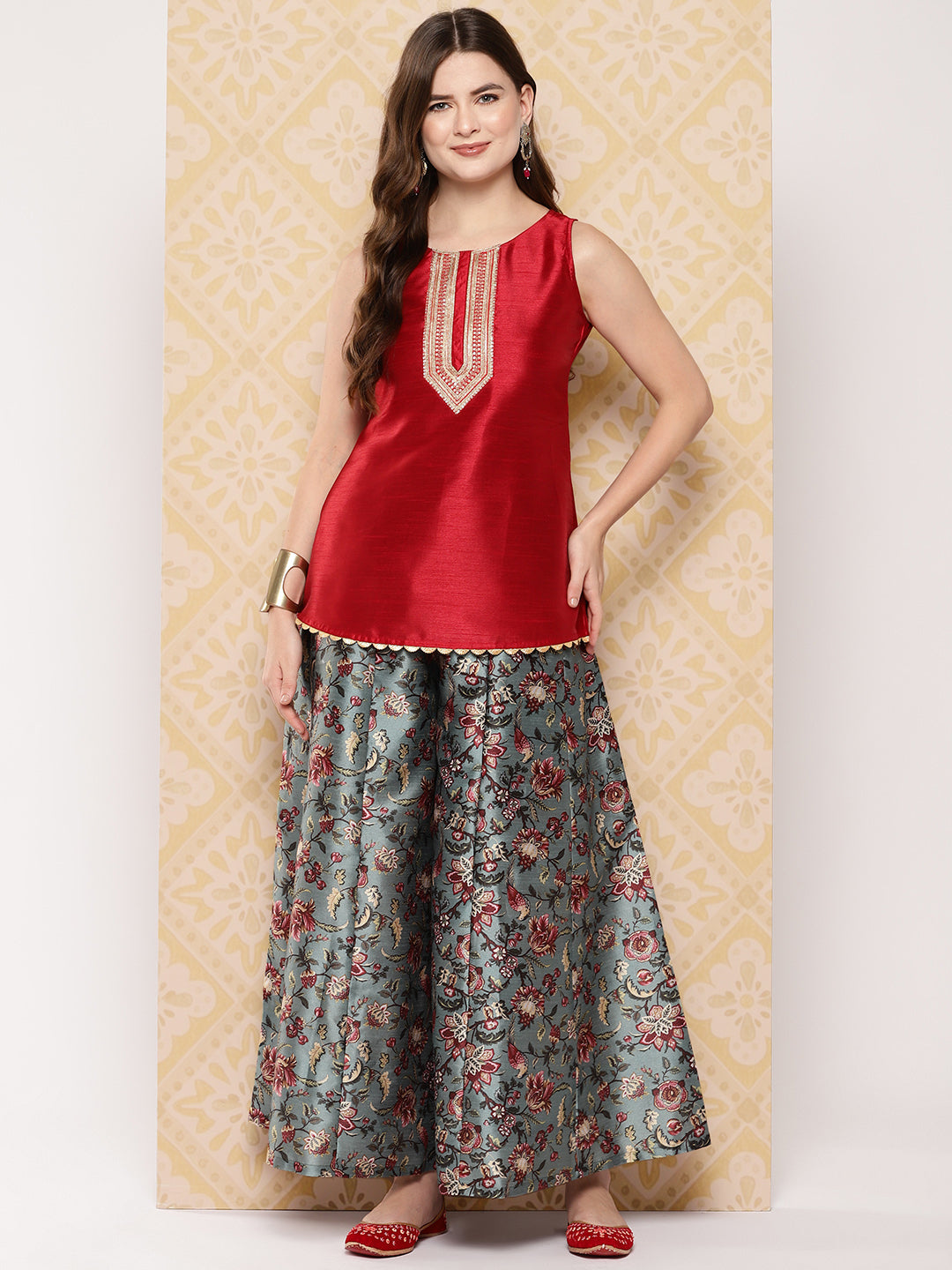 Red & Green Printed Ethnic Embellished Top with Palazzos-AH