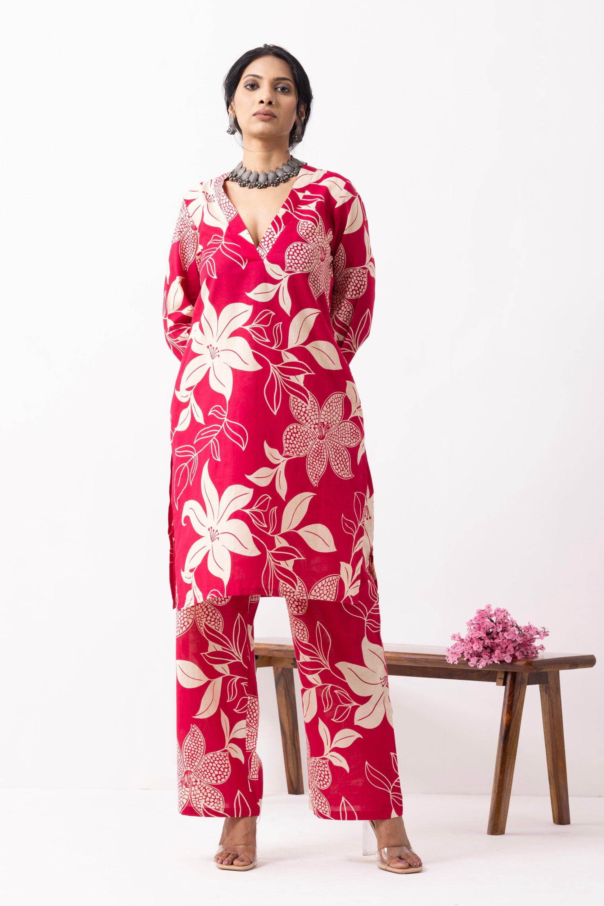 Crimson Red Block Printed Kali Kurta Set (Set of 2)- IC