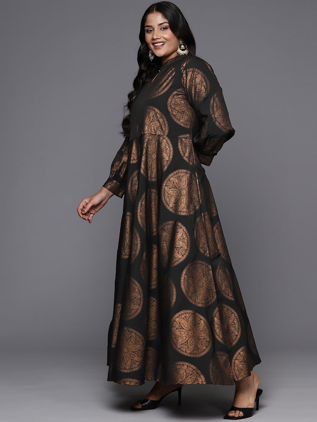 Black & Copper Printed Plus Size A-line Maxi Dress