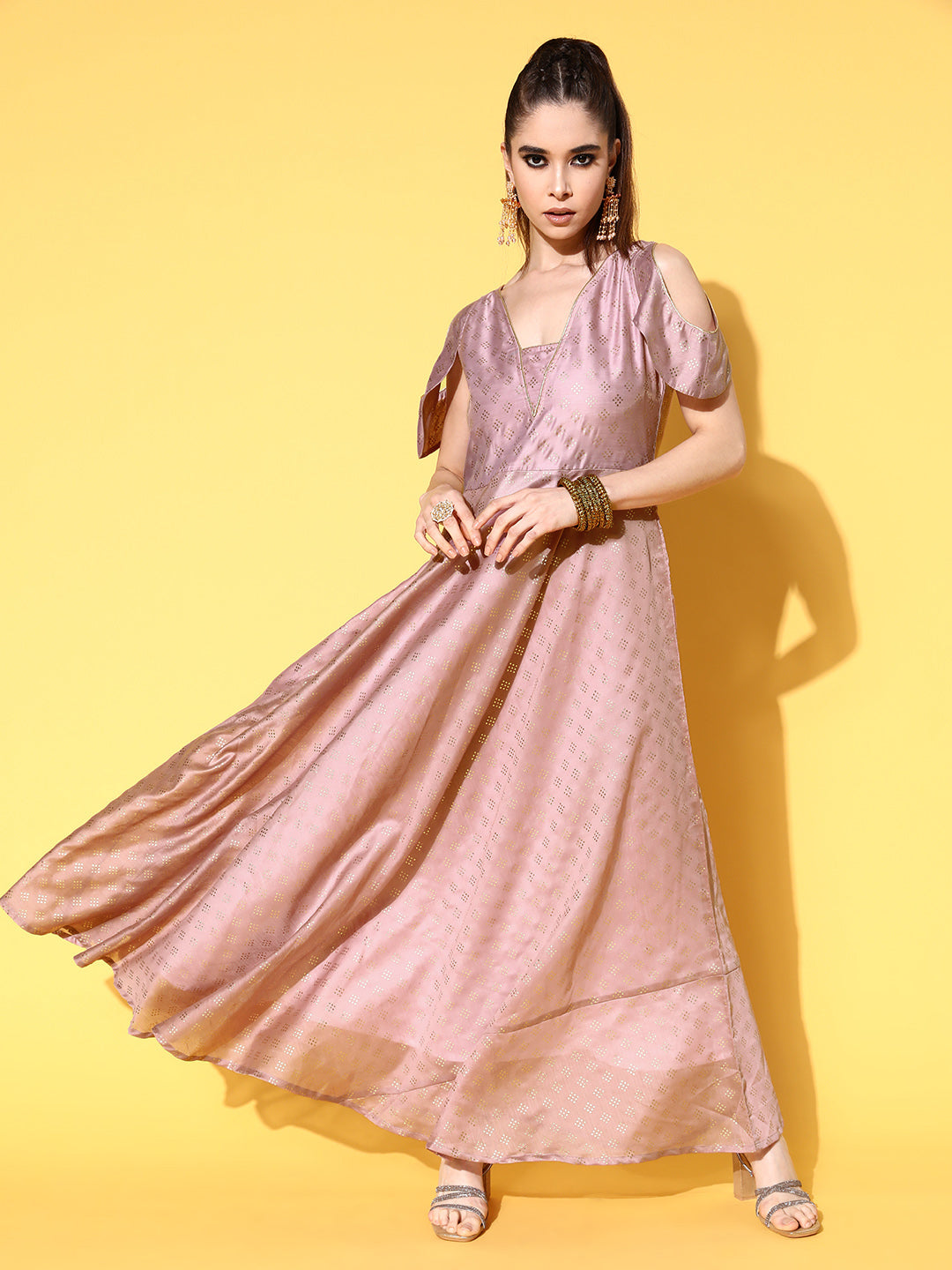 Rose Gold Chanderi Cold-Shoulders Printed Maxi Ethnic Dress