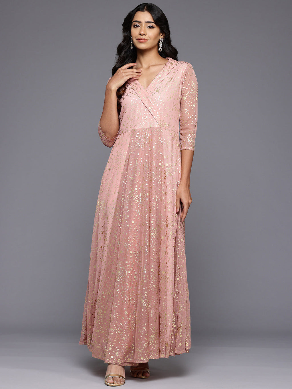 Polka Dots Printed Maxi Wrap Ethnic Dress-AH