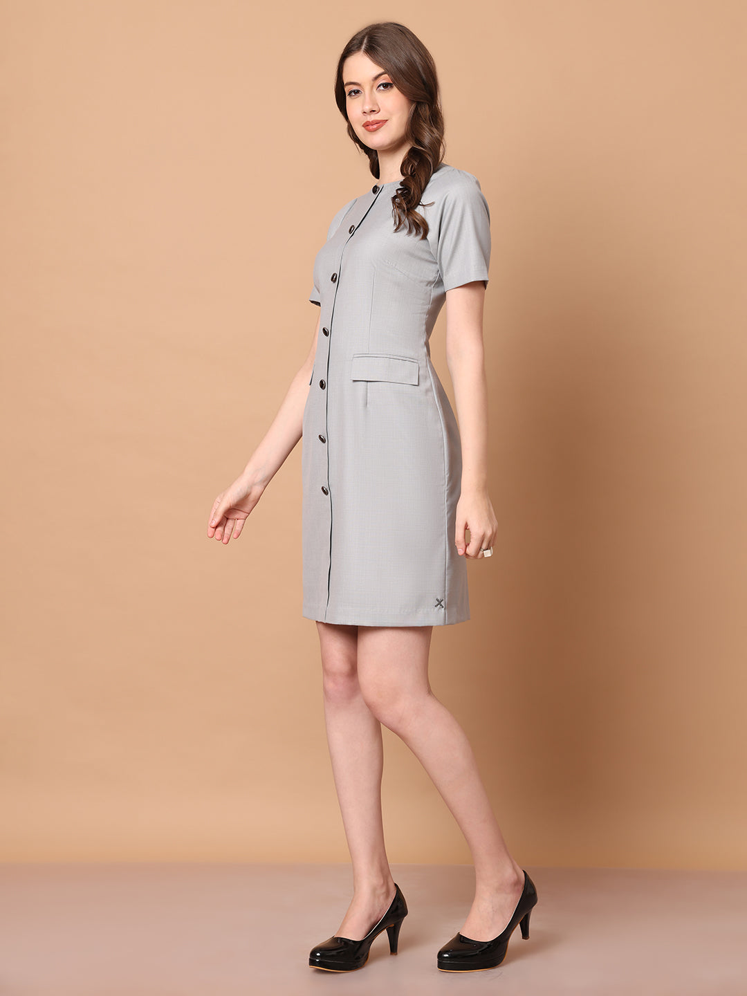 Exude Chic Revolution Suiting Fabric Front Button Shift Dress