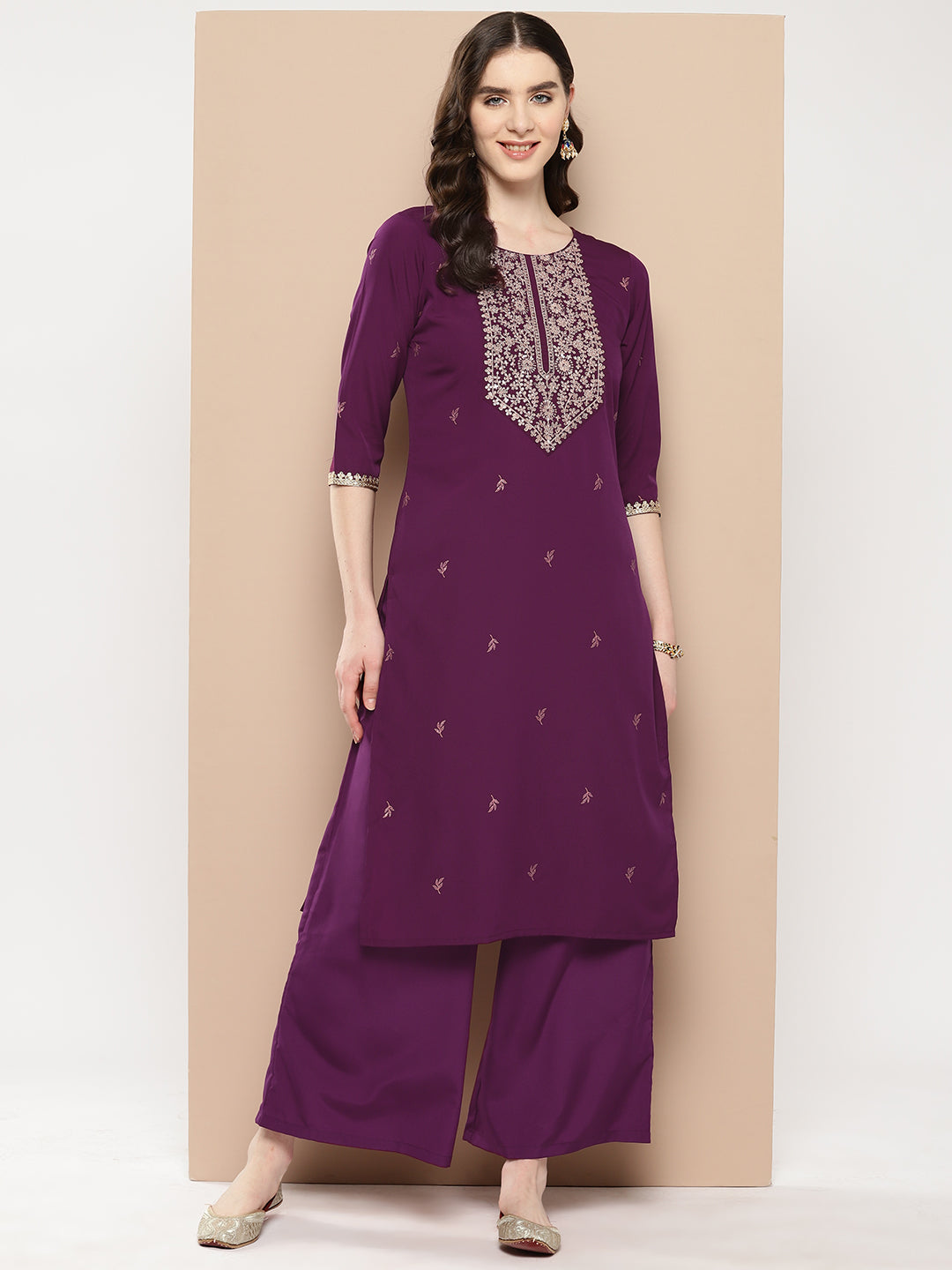 Burgundy Floral Yoke Design Kurta with Palazzos