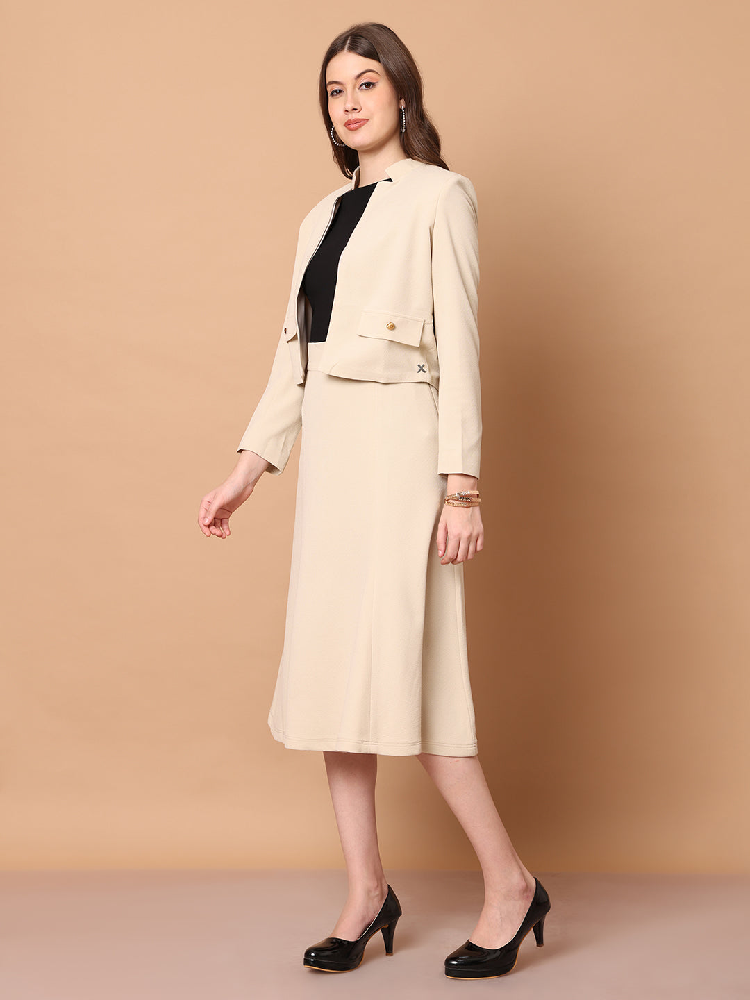 Exude Exuberant Mandarin Collar Blazer with Midi A-line Skirt