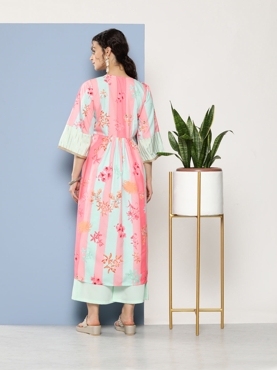 Pink & Blue Floral Printed Pleated Gotta Patti Kurta With Palazzos