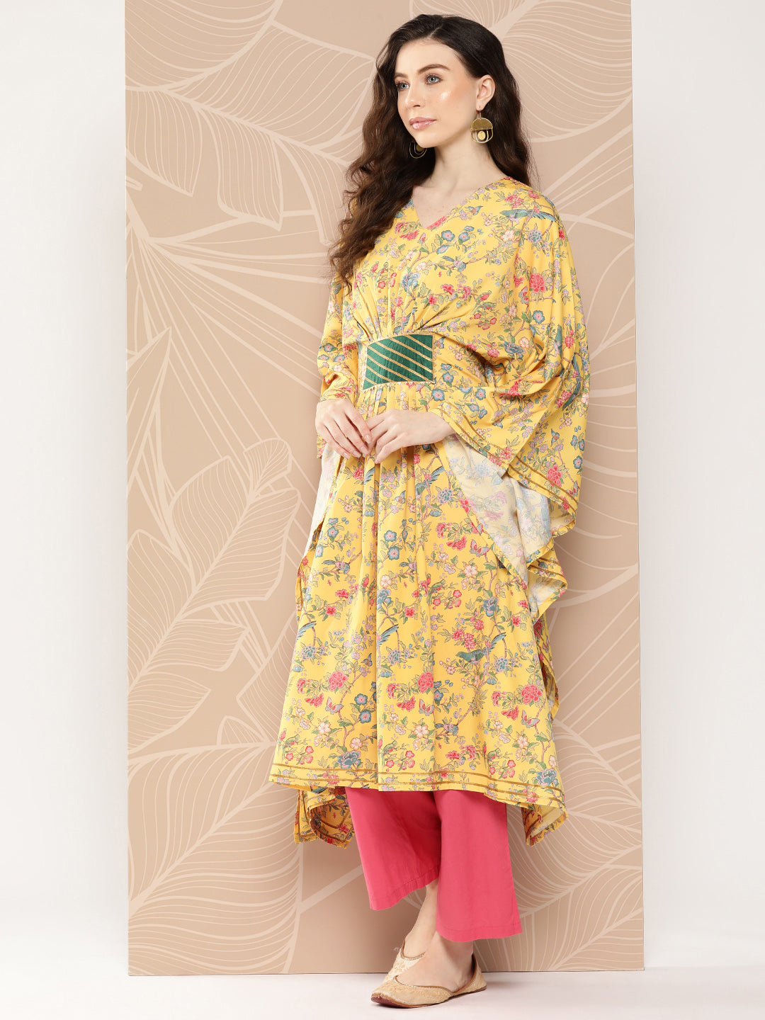 Yellow & Green Floral Printed Gotta Patti Floral Kaftan Kurta