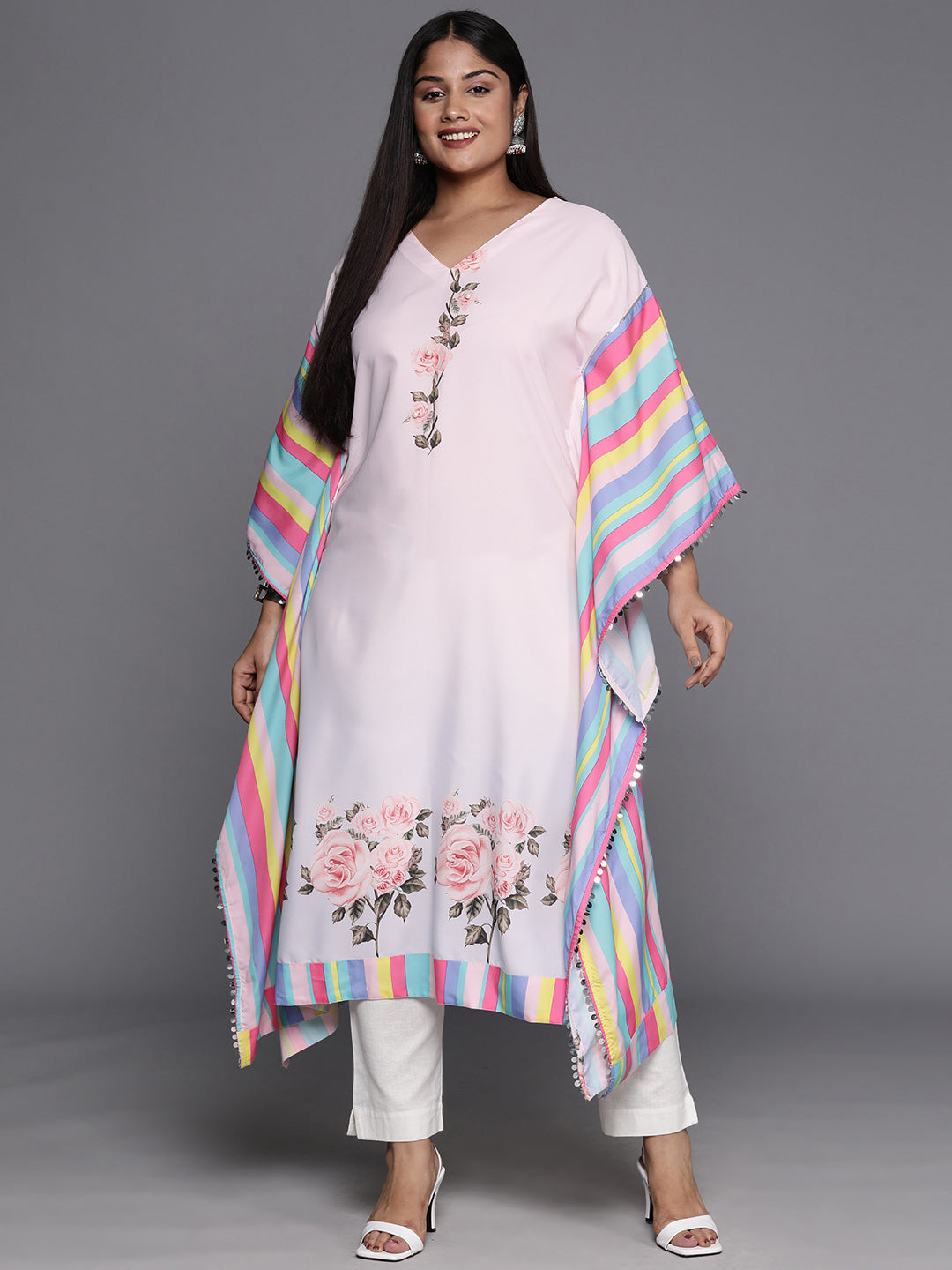 Pink & Yellow Printed Plus Size Kaftan Kurta