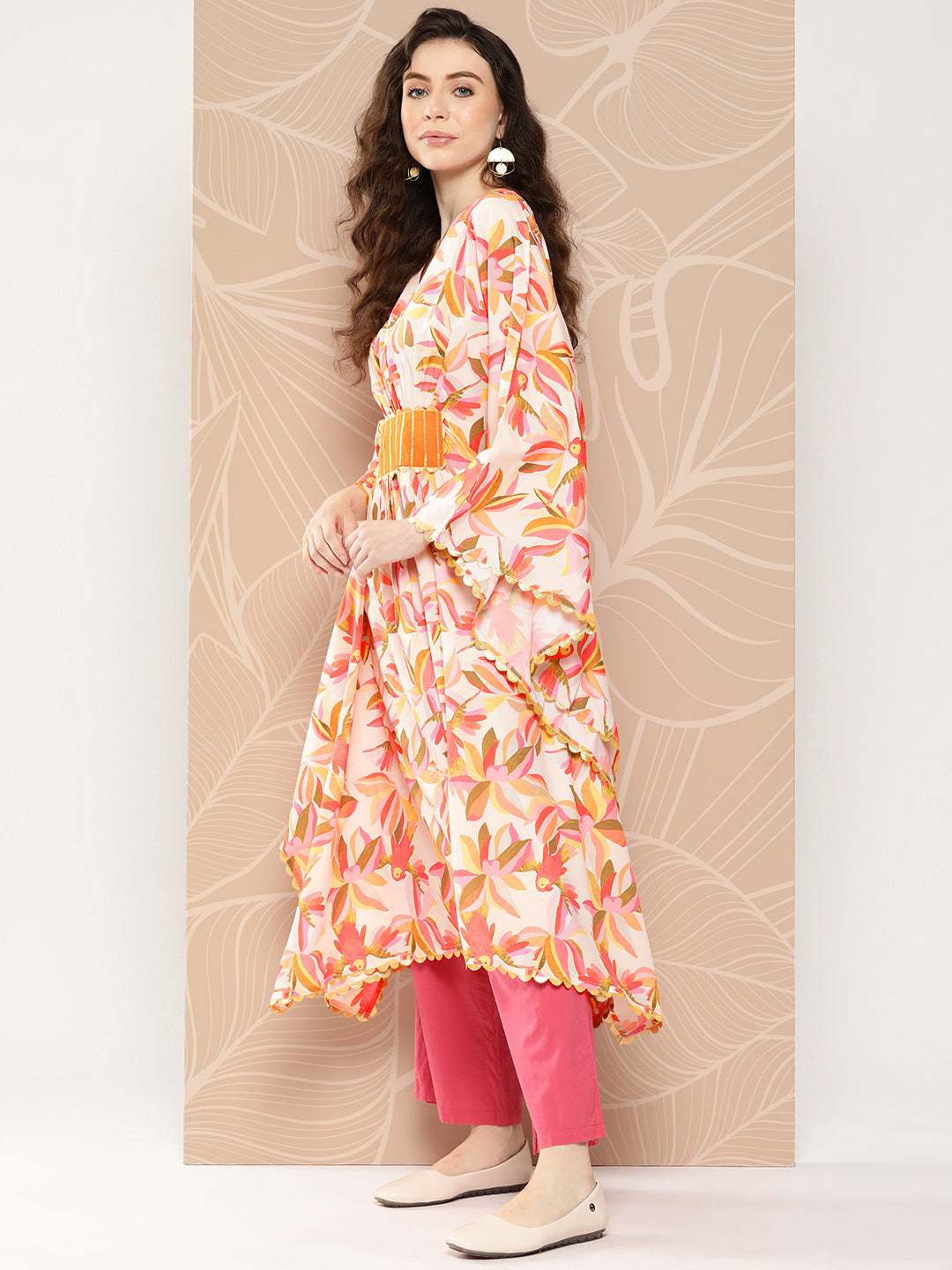 Off White & Orange Floral Printed Gotta Patti Kaftan Kurta