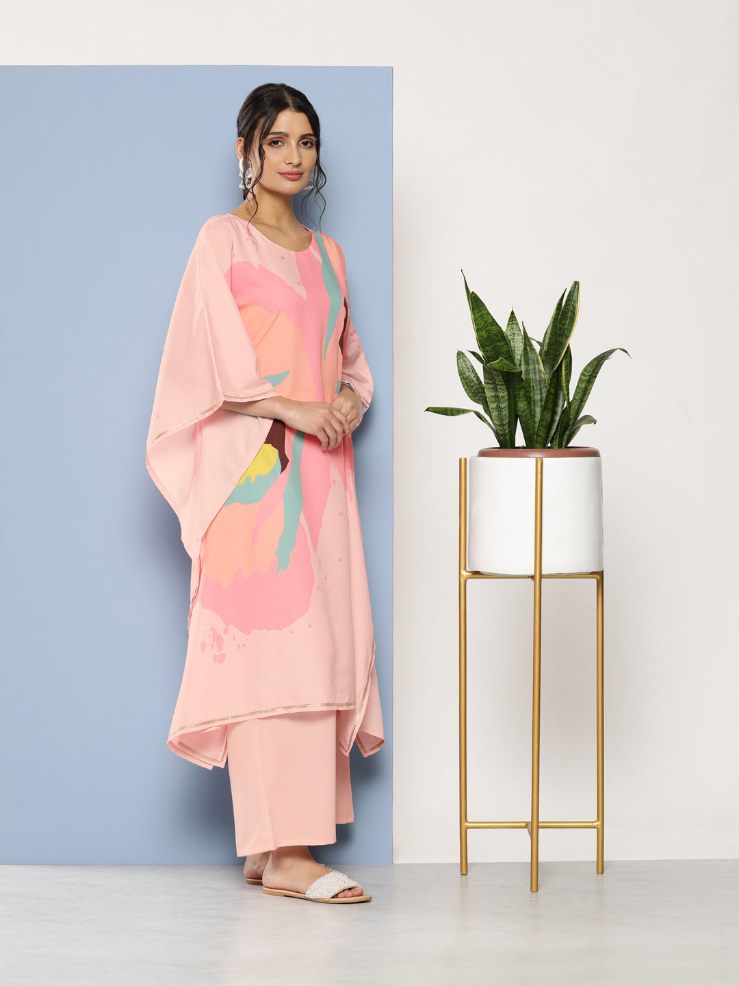 Pink Printed Gotta Patti Kaftan Kurta with Palazzos